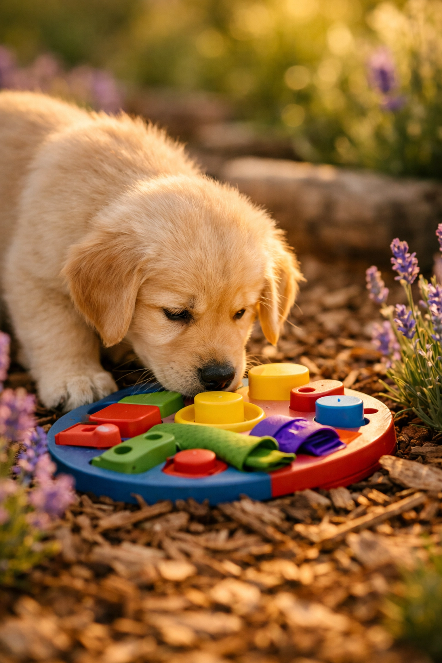 Golden Retriever puppy exploring an enrichment toy in a sensory garden at Green Acres K-9 Resort.
