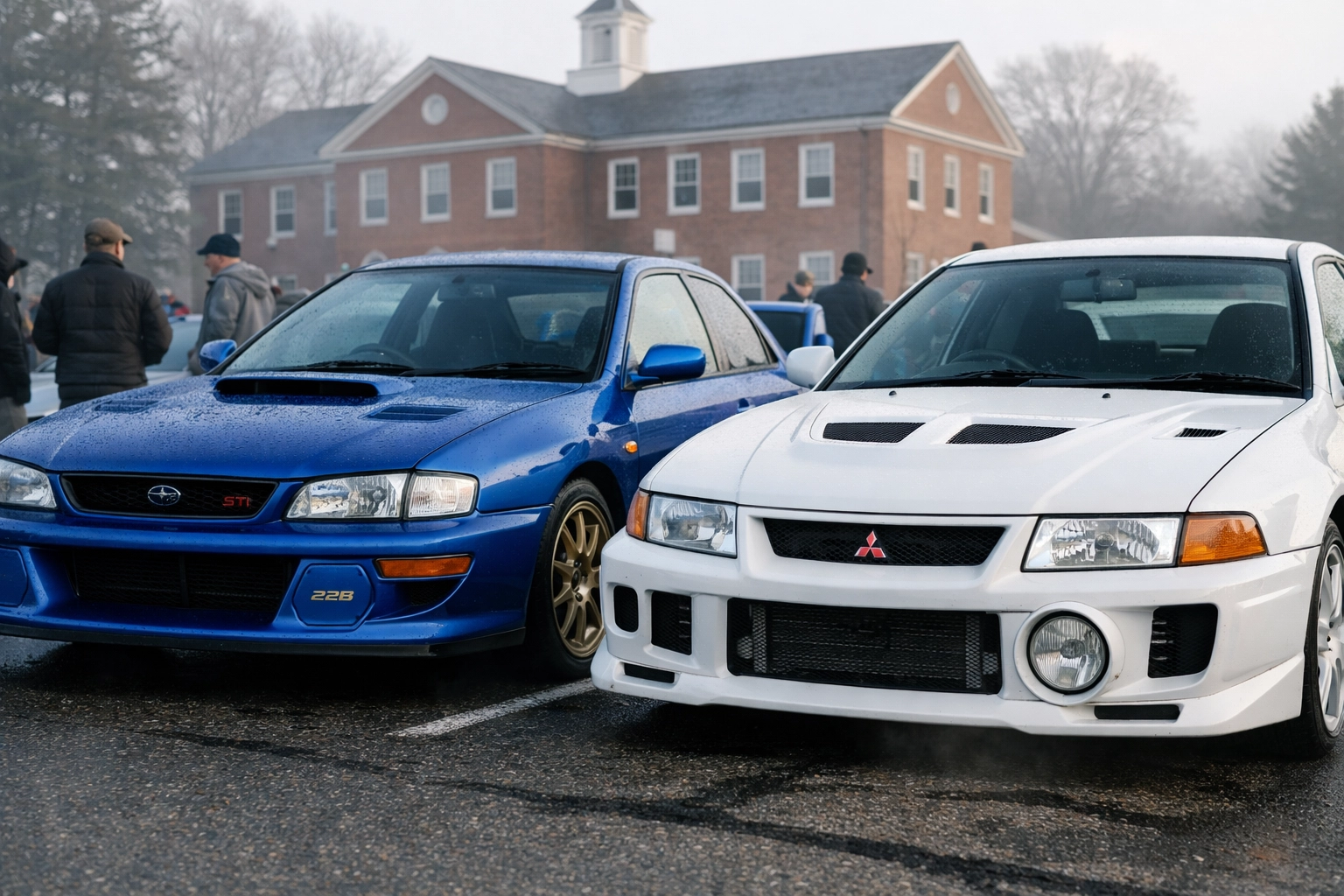A blue Subaru 22B and white Mitsubishi Evo at a modern classic car meet in Connecticut.