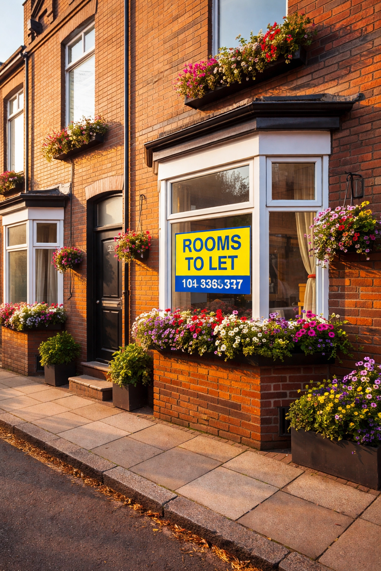 Renovated terraced house in Oldham with a Rooms To Let sign, illustrating compliant HMO properties for investors.