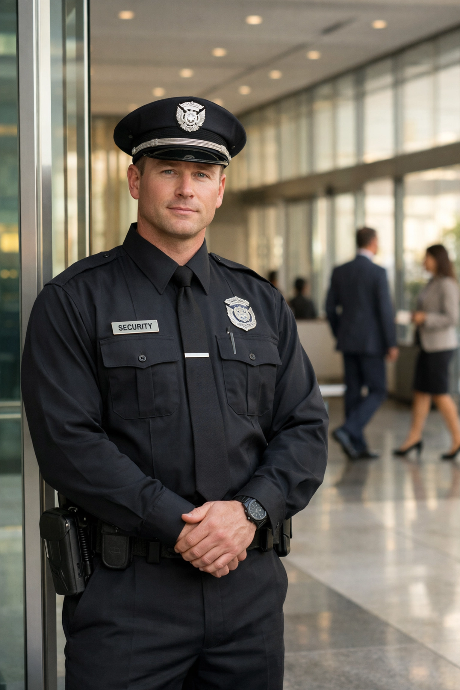 A professional SIA trained security officer providing expert protection in a modern corporate lobby.