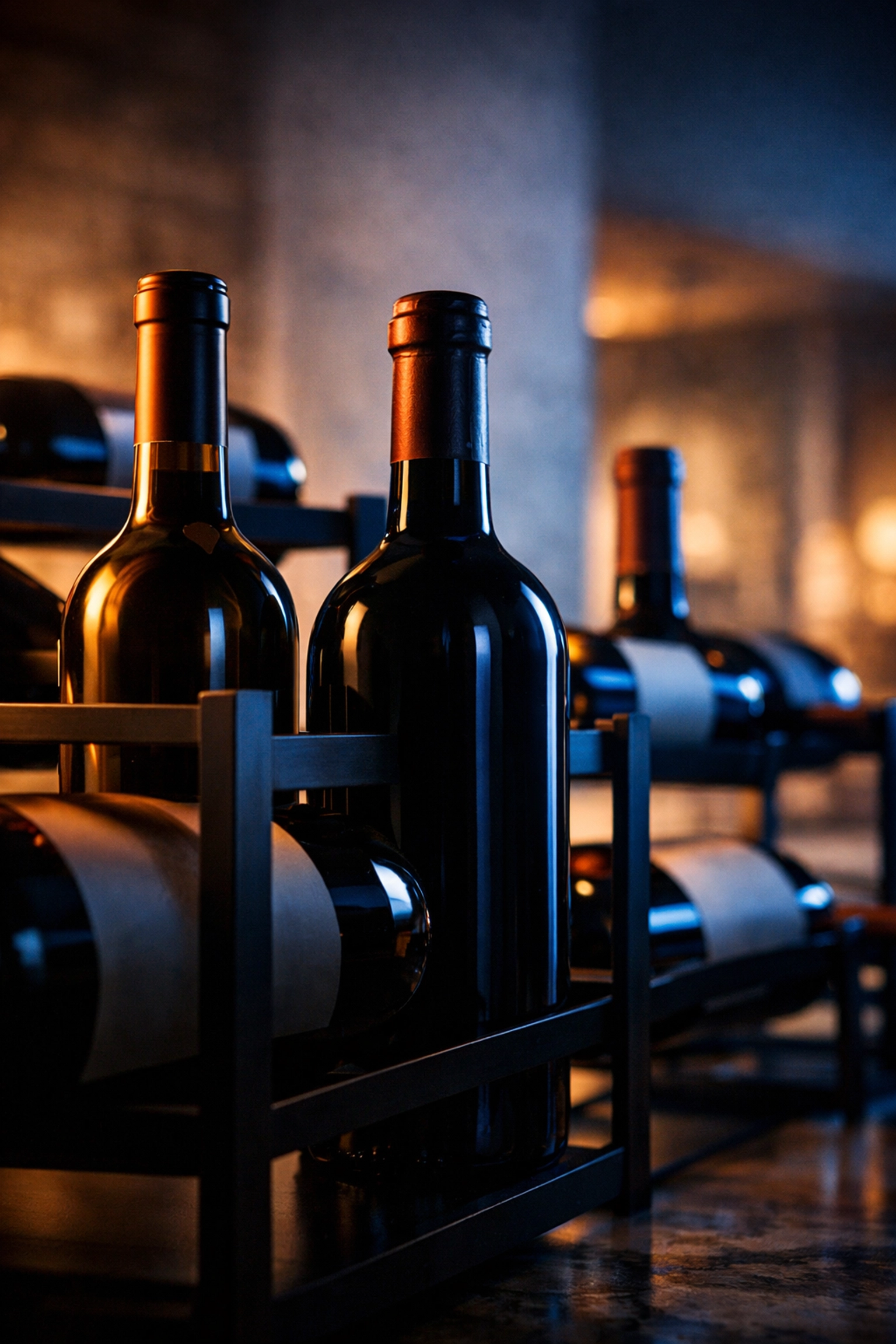 Rare wine bottles stored on minimalist racks, highlighting the need for scheduled collection insurance.