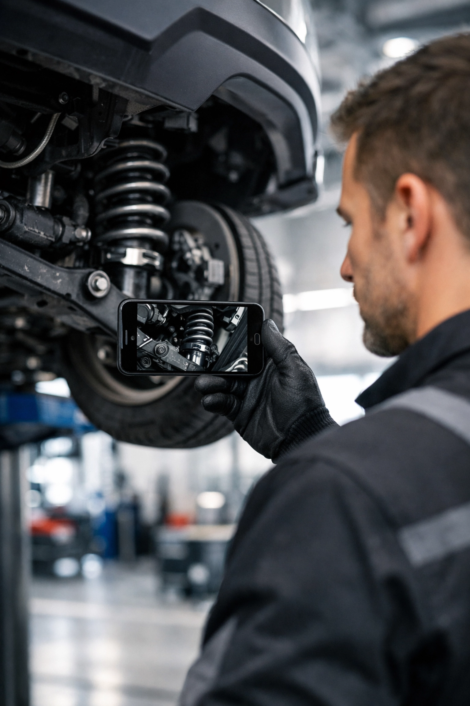 Automotive technician recording a digital vehicle inspection video for a customer in a service bay.