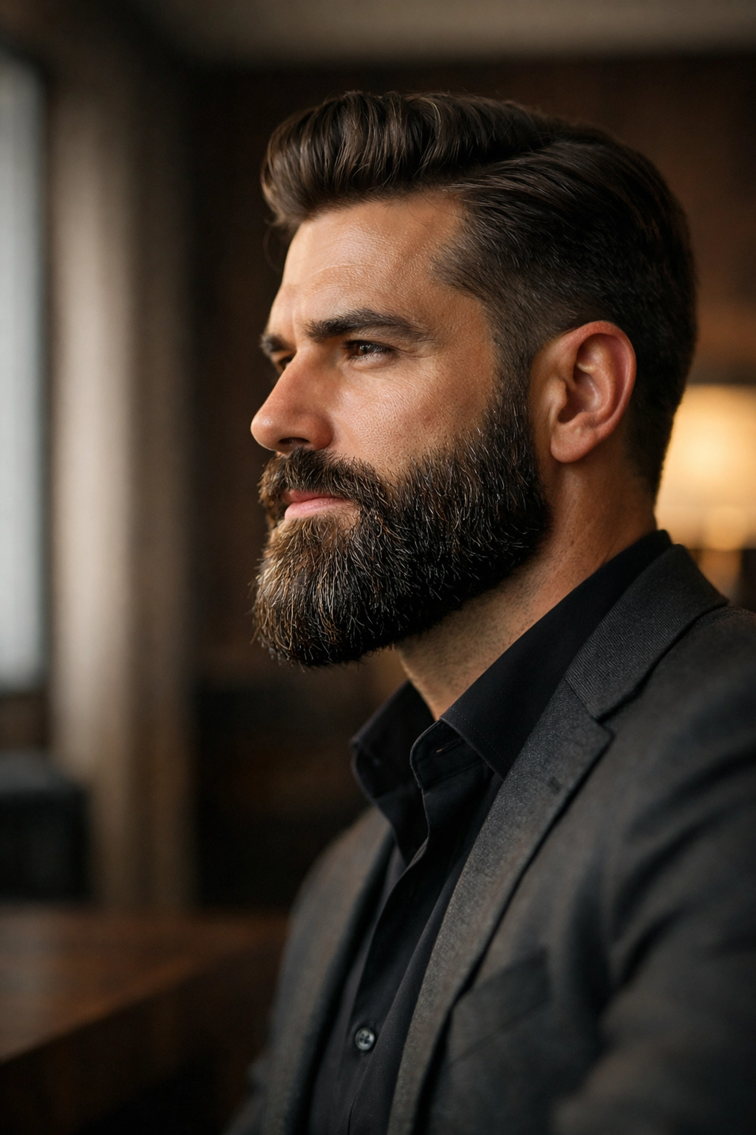 Portrait of a man with a healthy, groomed beard reflecting the quality of premium fragrance oils.