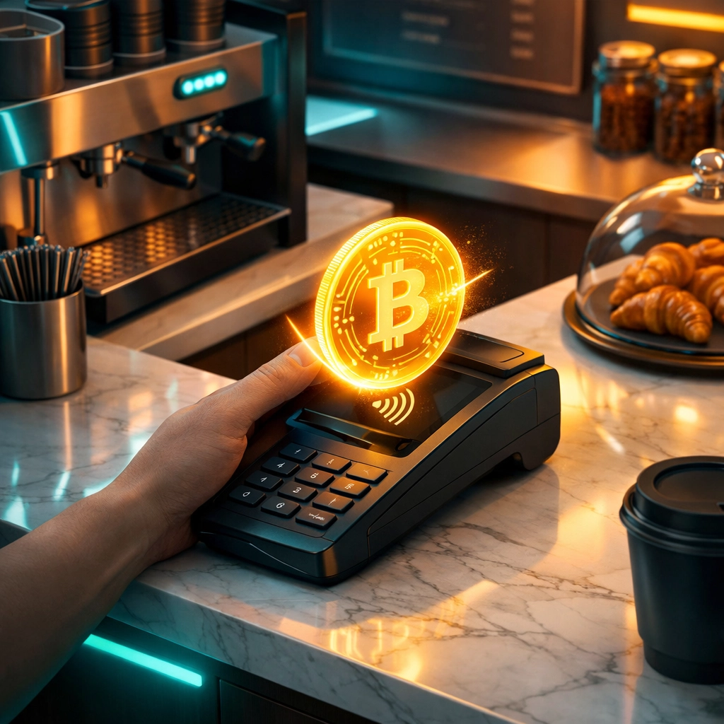 Digital cryptocurrency coin used for a retail purchase at a modern payment terminal.