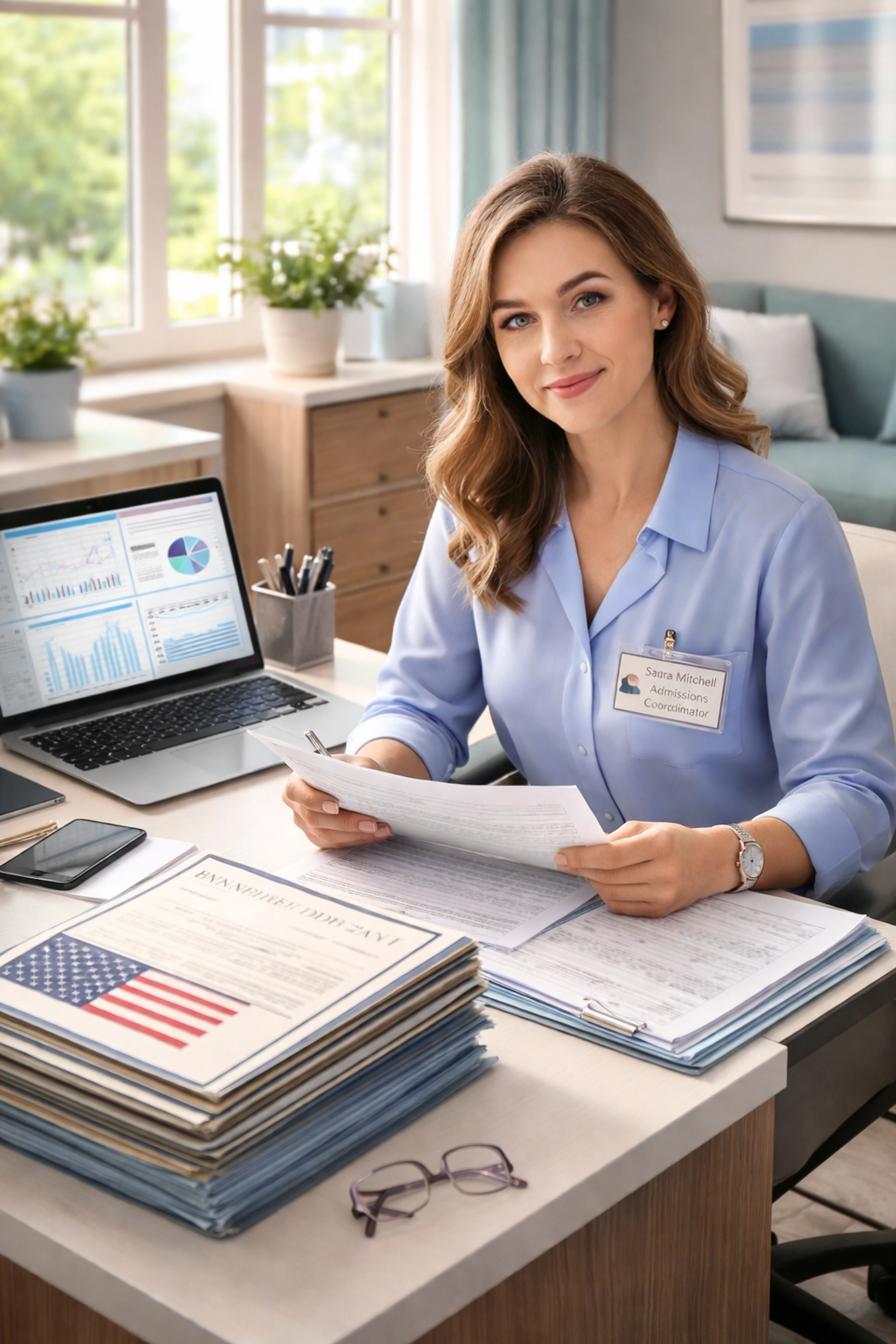 SNF admissions coordinator reviewing DD214 documents for veteran insurance verification at her desk