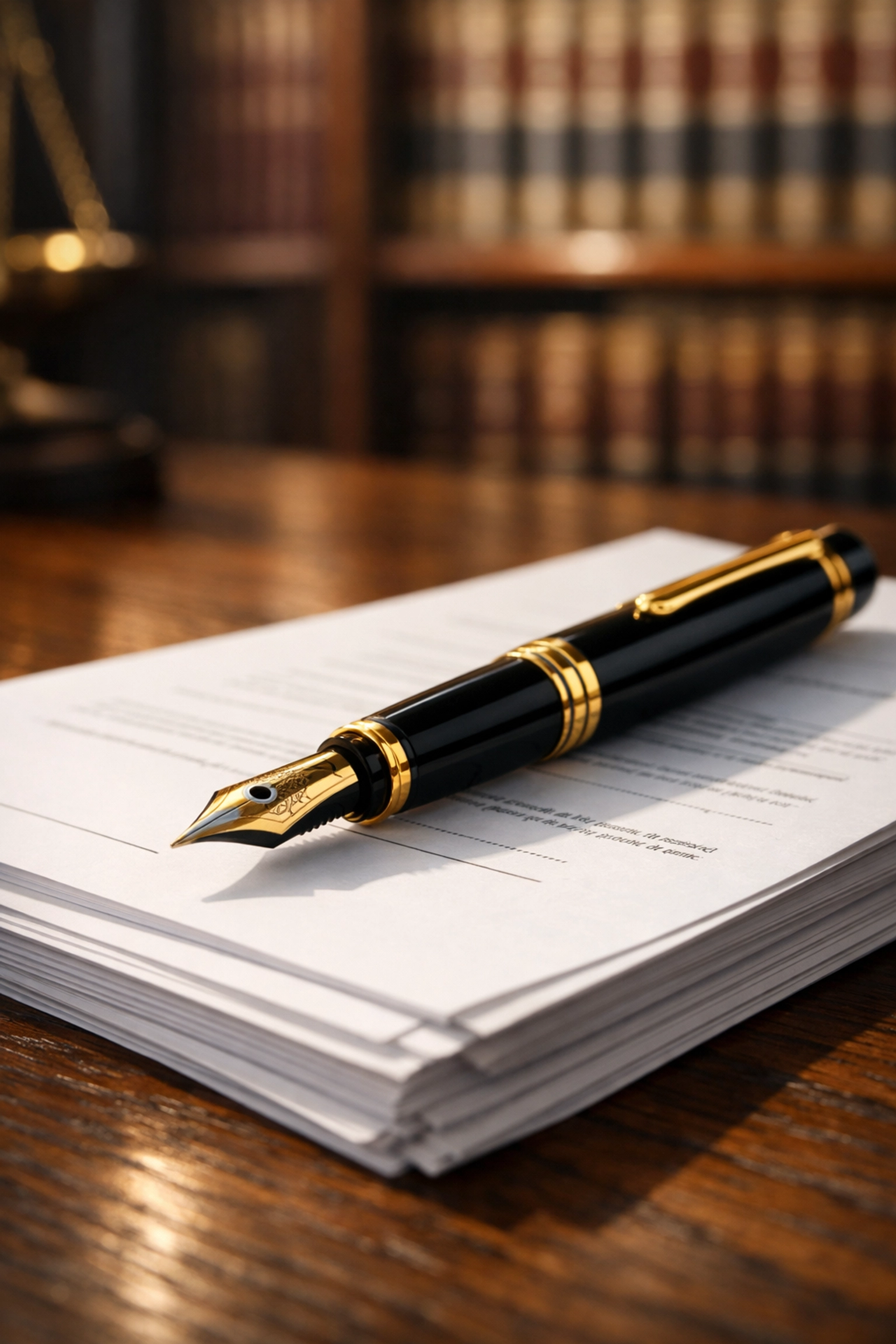 Legal documents and a fountain pen used for filing a court injunction to recover scammed money.