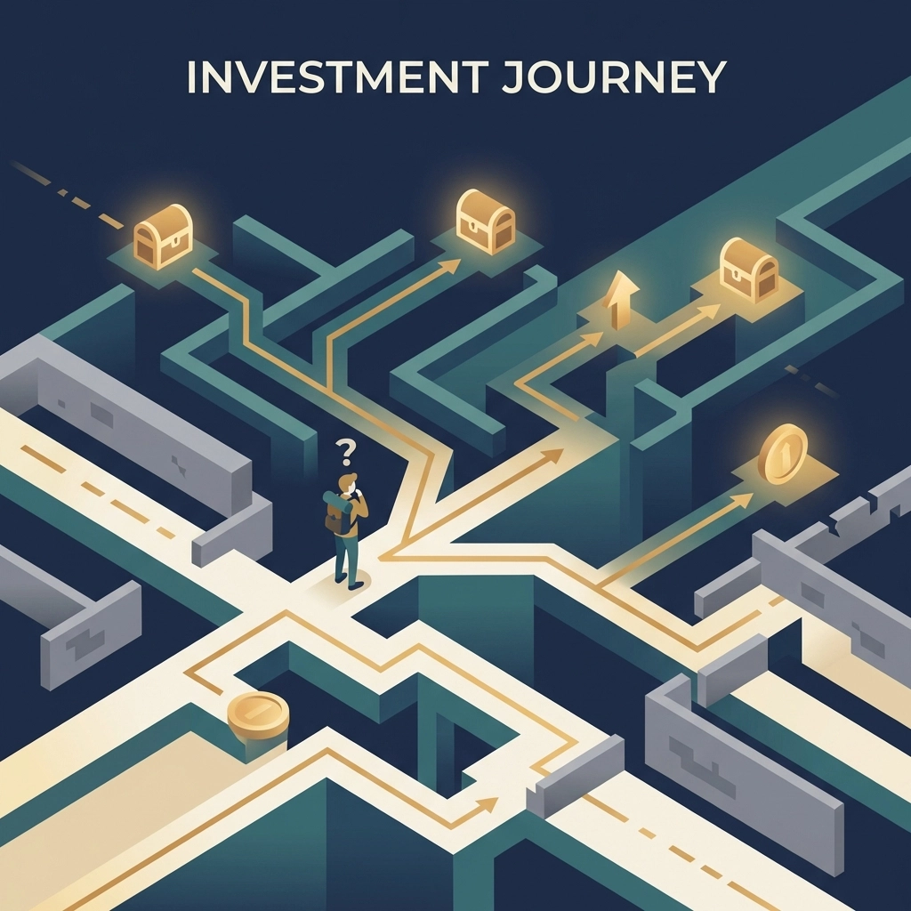 Illustration of an investment maze highlighting complex portfolio routes and diversification decisions.