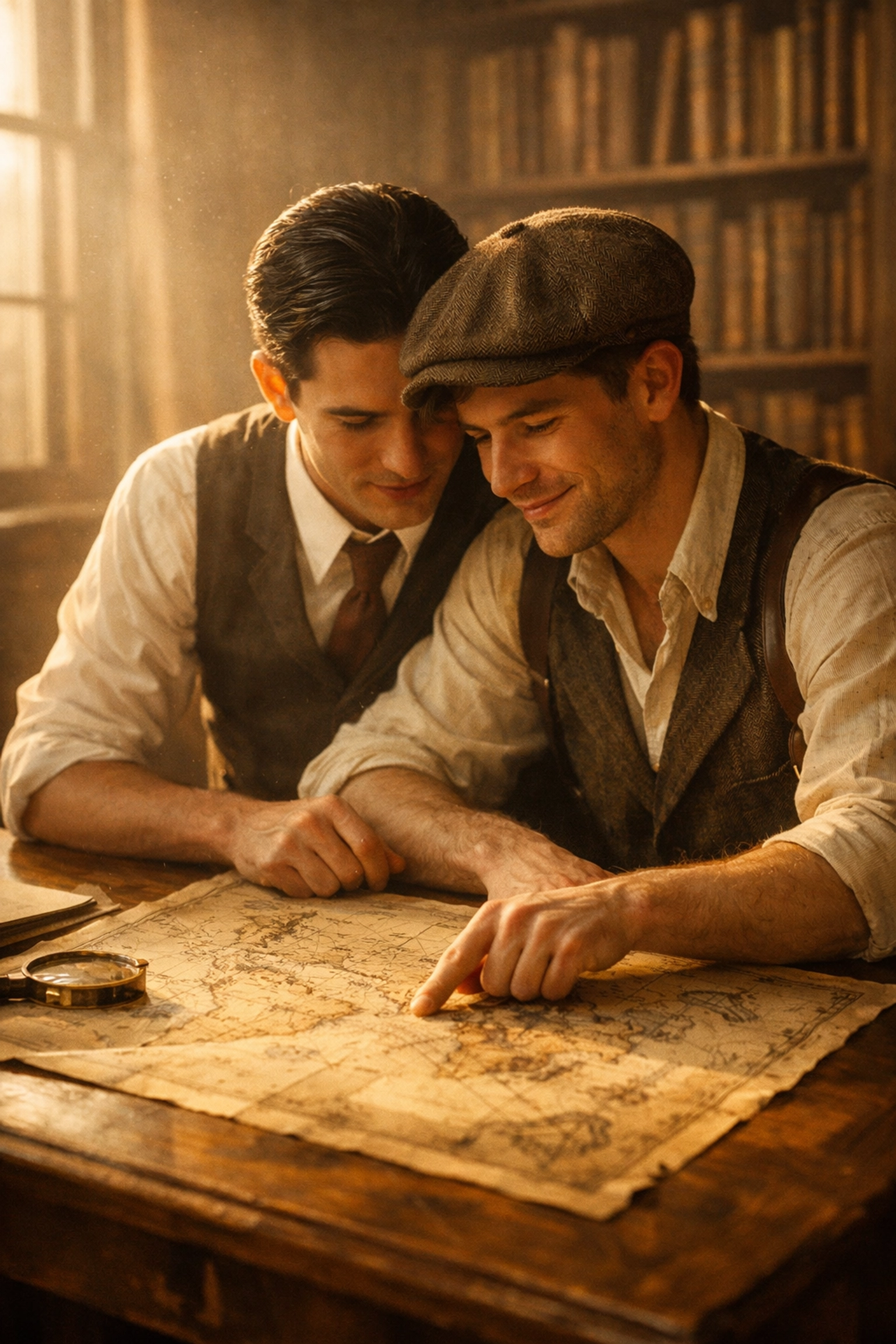 Two men in vintage attire exploring an old map in a library, symbolizing the healing power of gay historical romance.