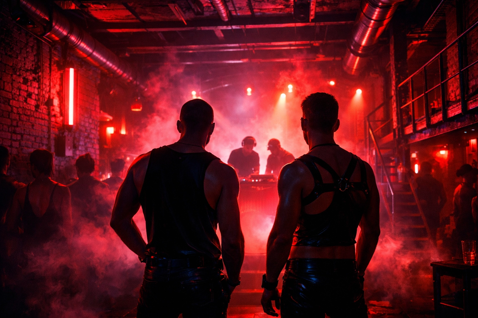 Two men in Berlin nightclub with neon lights at queer underground party