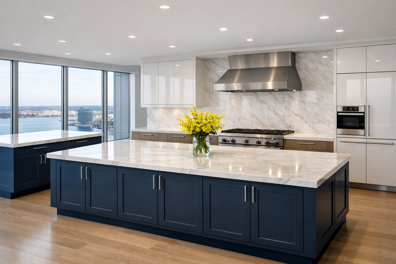 Spotless marble kitchen in a Boston penthouse following a professional deep cleaning session.