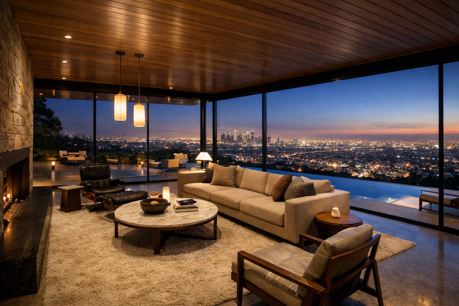 High-end real estate photography showing a Hollywood Hills home overlooking the Los Angeles skyline.