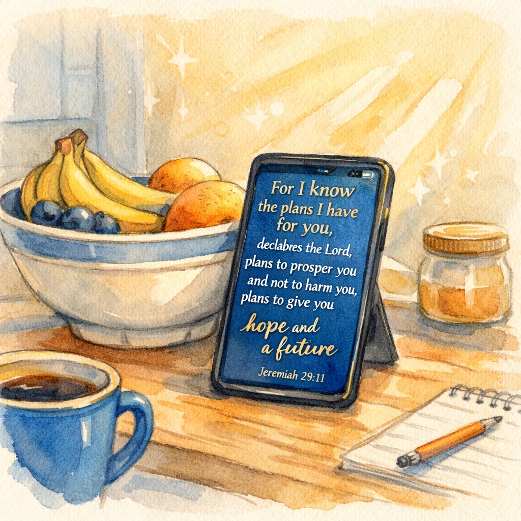 Smartphone displaying Bible verse on kitchen counter for daily Scripture reading