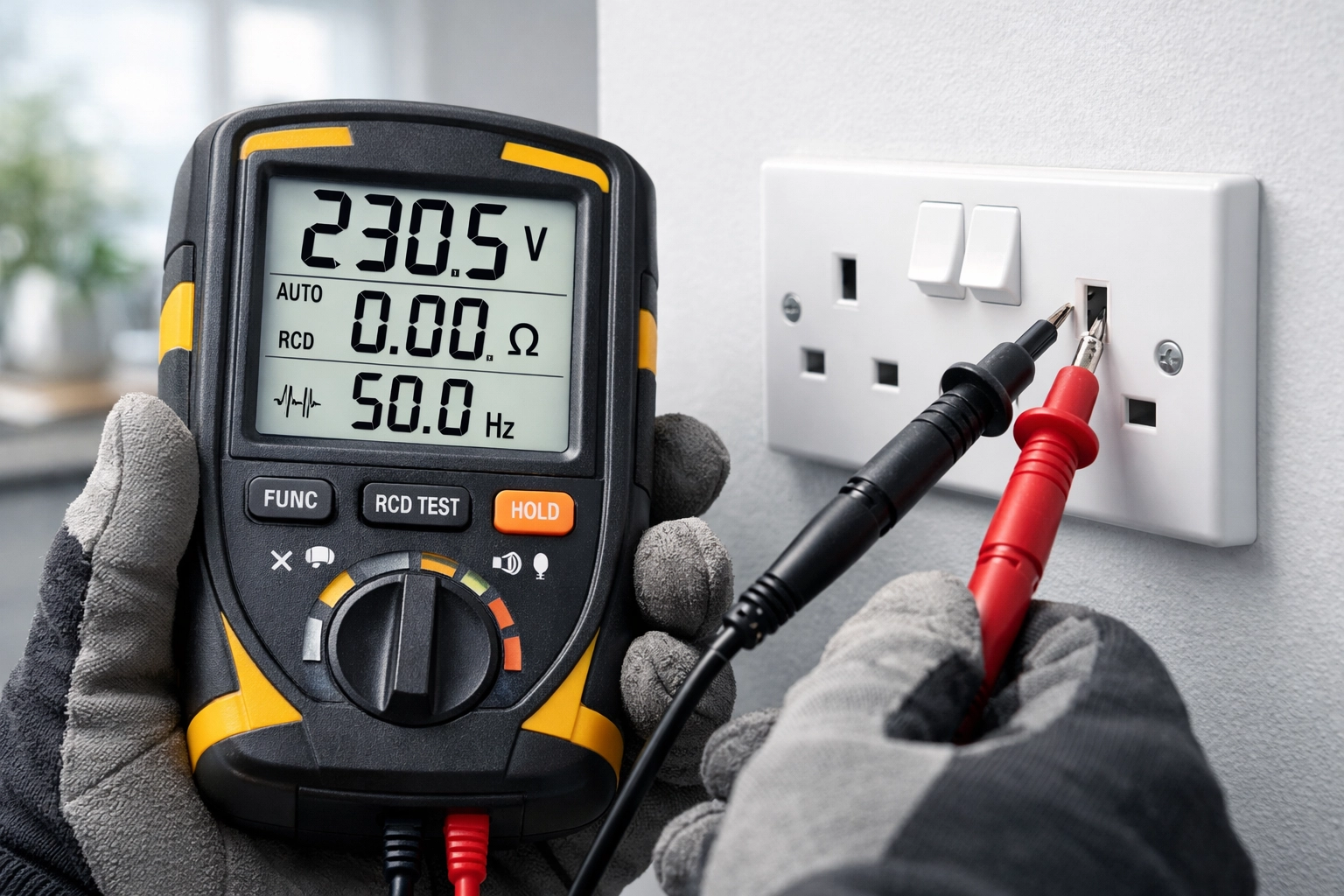 Electrician using a digital tester on a wall socket to verify safety before an EV charger installation.