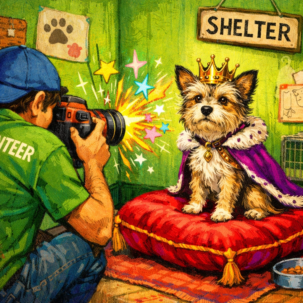 A volunteer at animal shelter taking professional adoption photos of a scruffy terrier dog.
