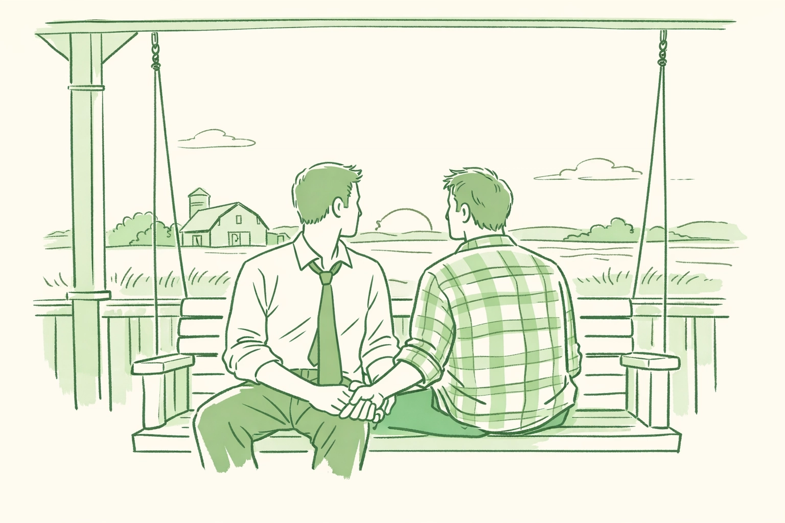 Gay couple on farmhouse porch swing representing authenticity in MM contemporary romance