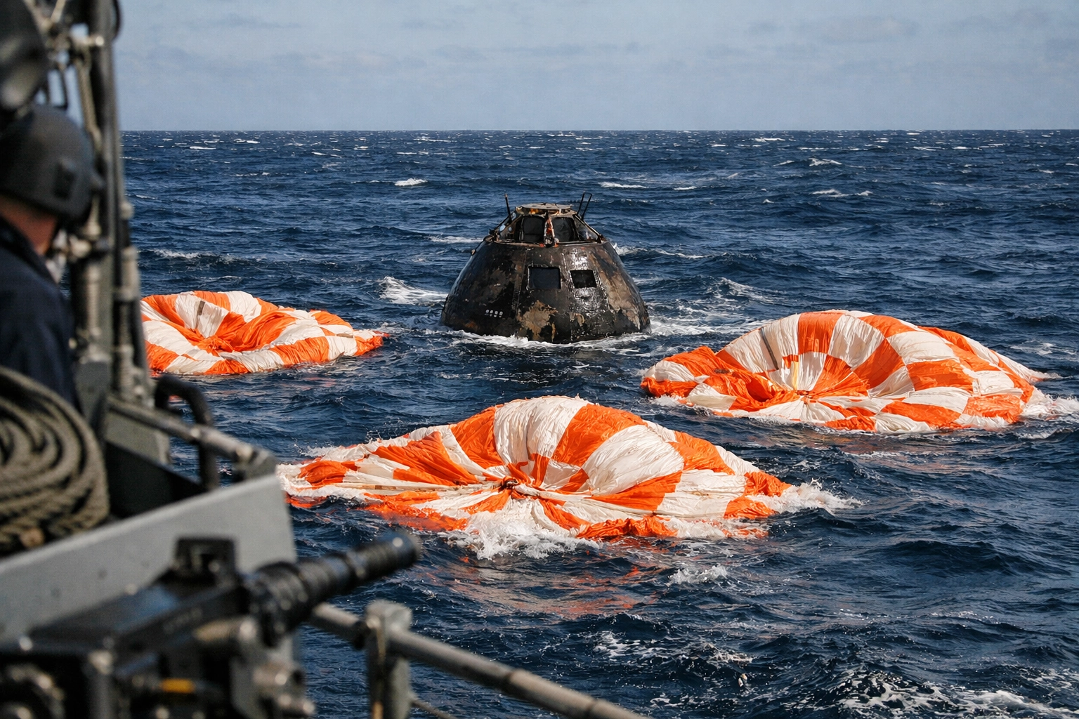 The charred Artemis II Orion capsule floating in the Pacific Ocean after a successful splashdown.