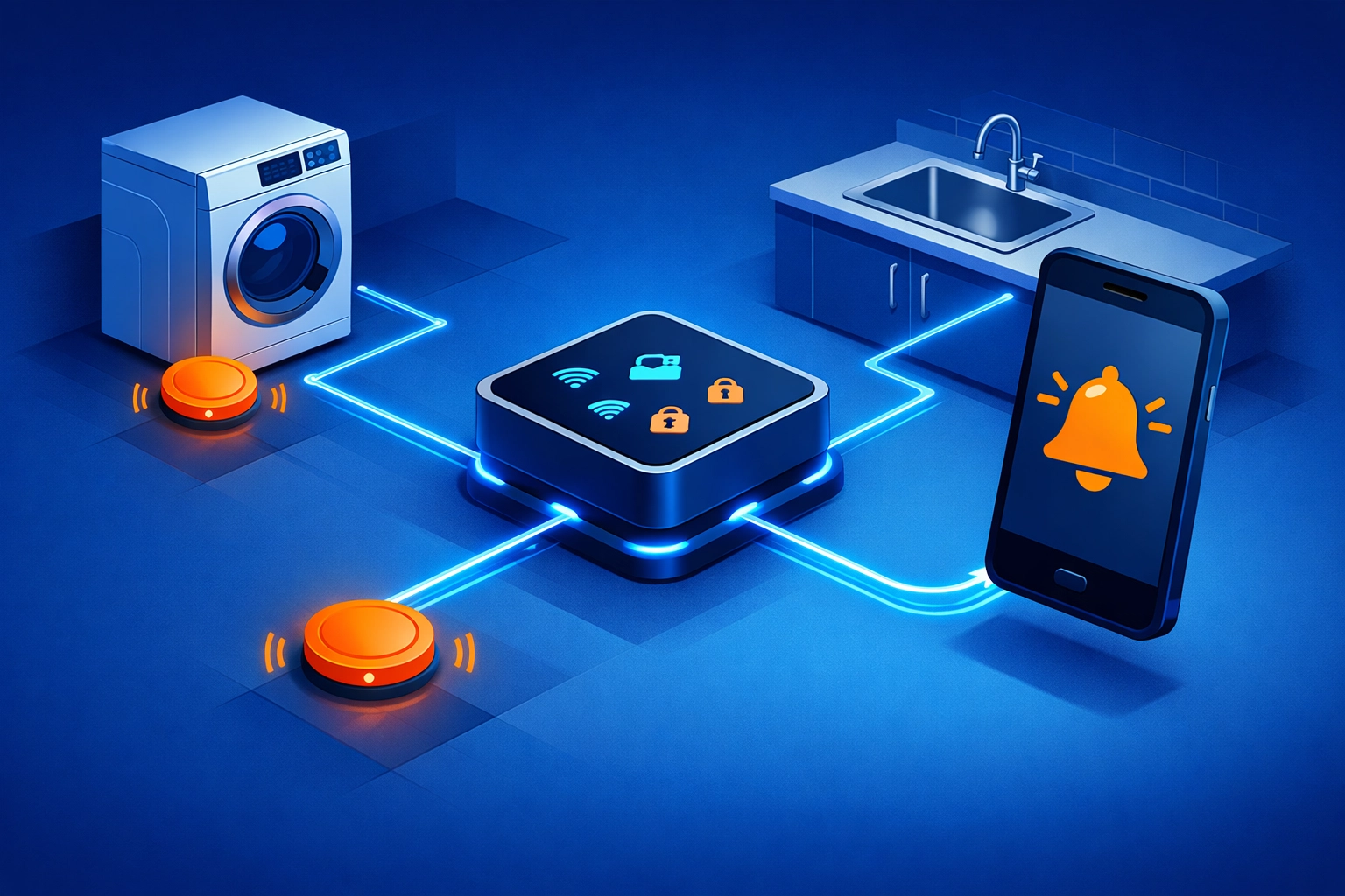 Smart home leak detection system with sensors and phone alerts for residents in Farnham.