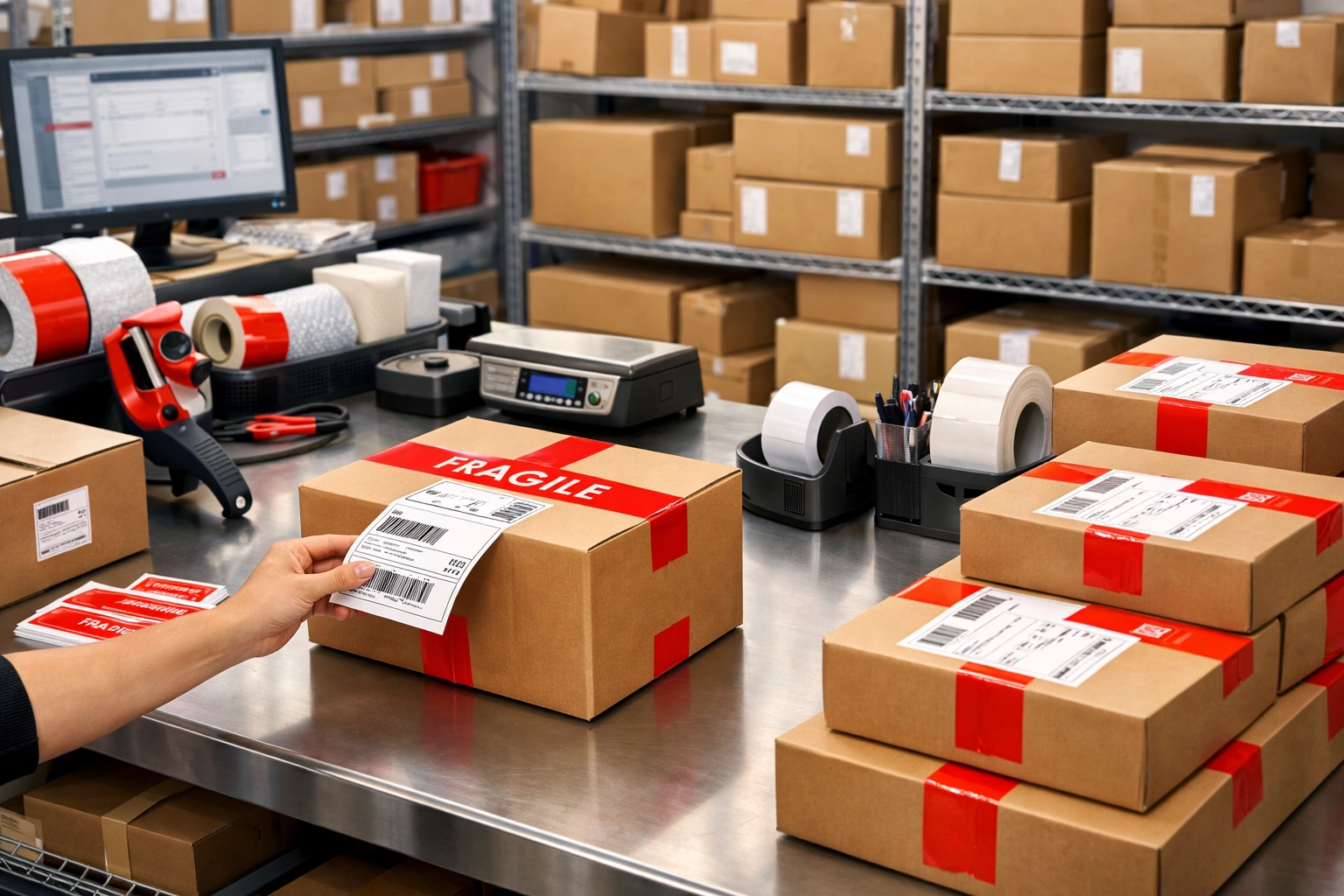 Professional warehouse fulfilment station packing e-commerce orders in Hertford