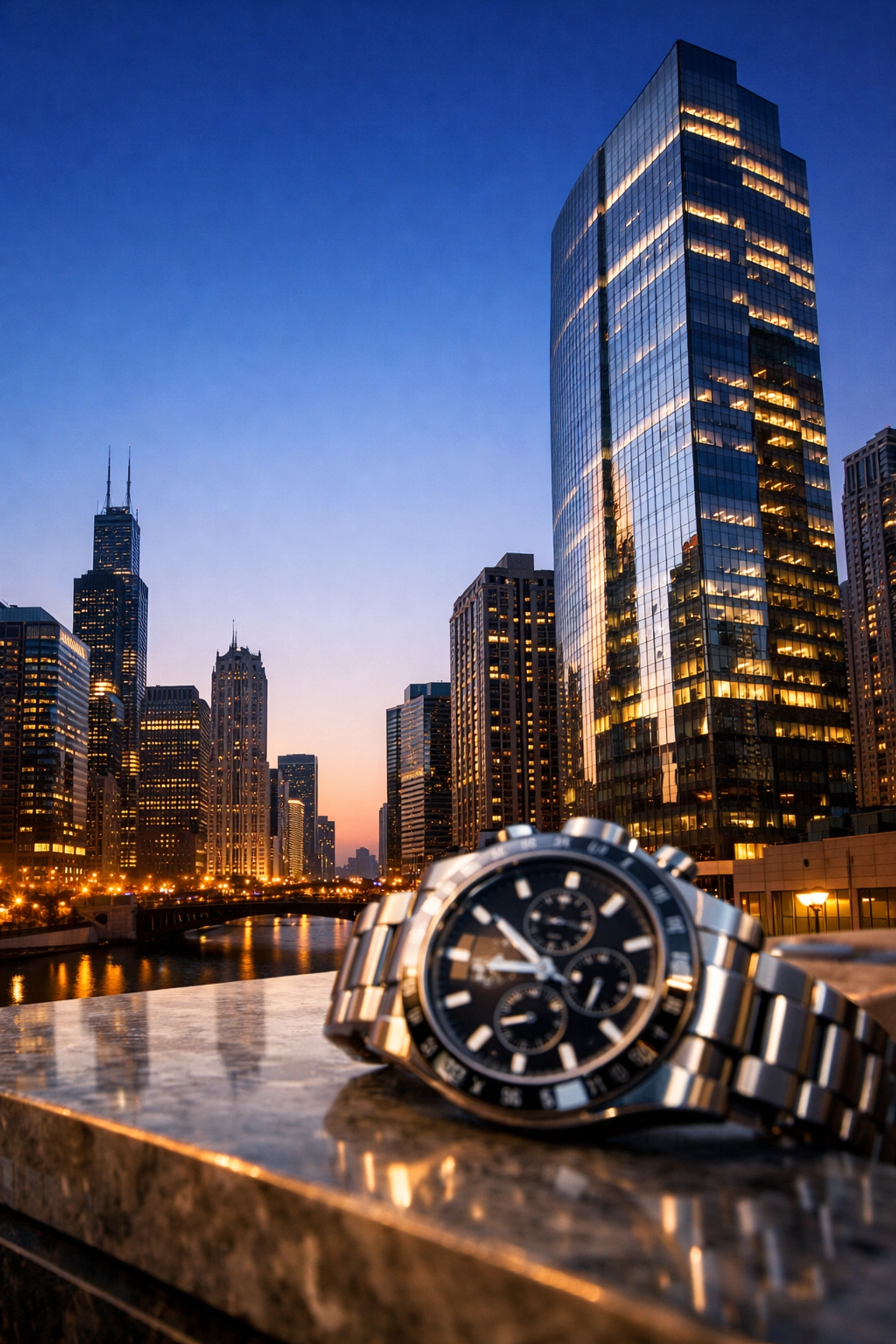 Chicago skyline at dawn with a luxury watch, showcasing Central Standard Time for business.