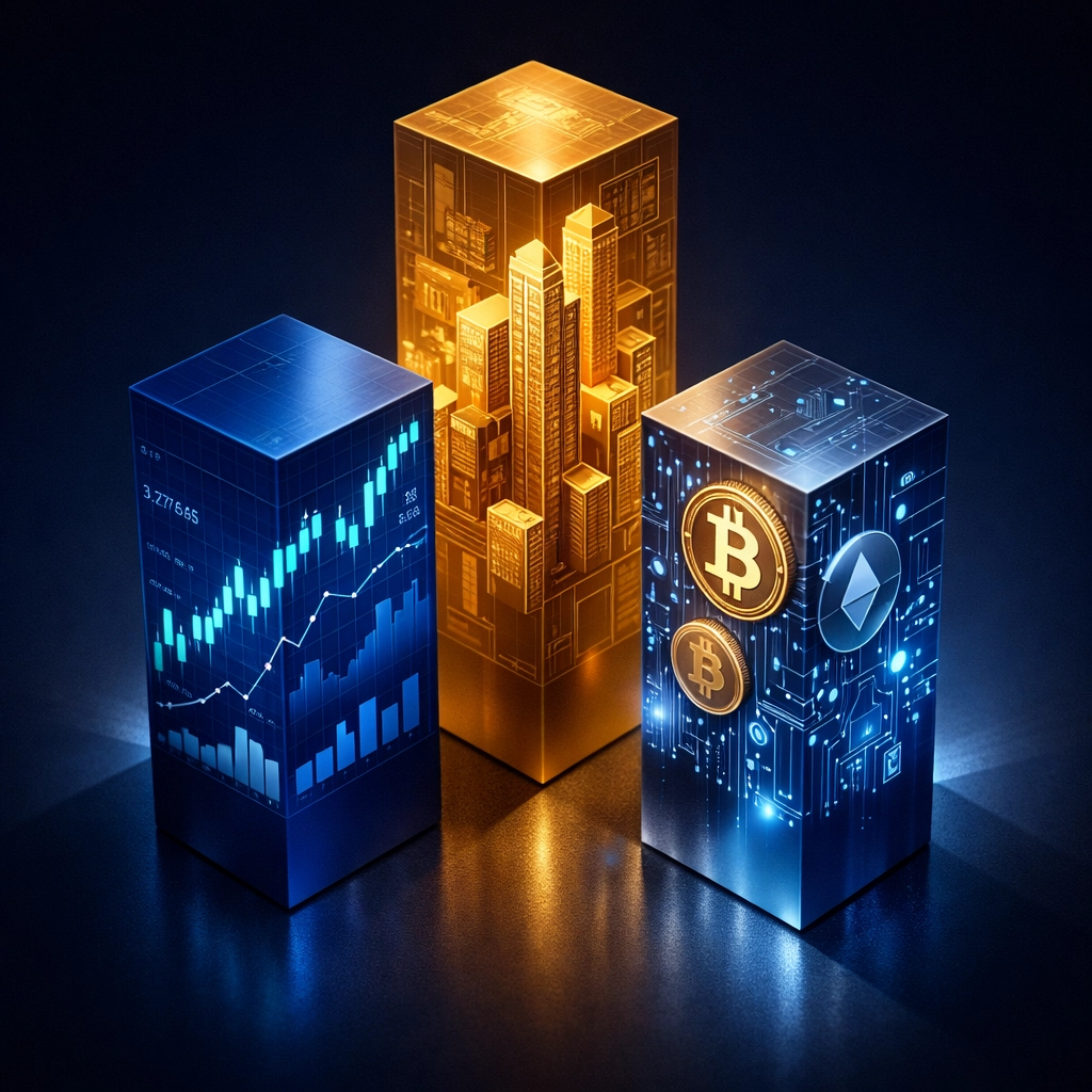 Three-pillar portfolio diversification model showing equities, alternative investments, and digital assets