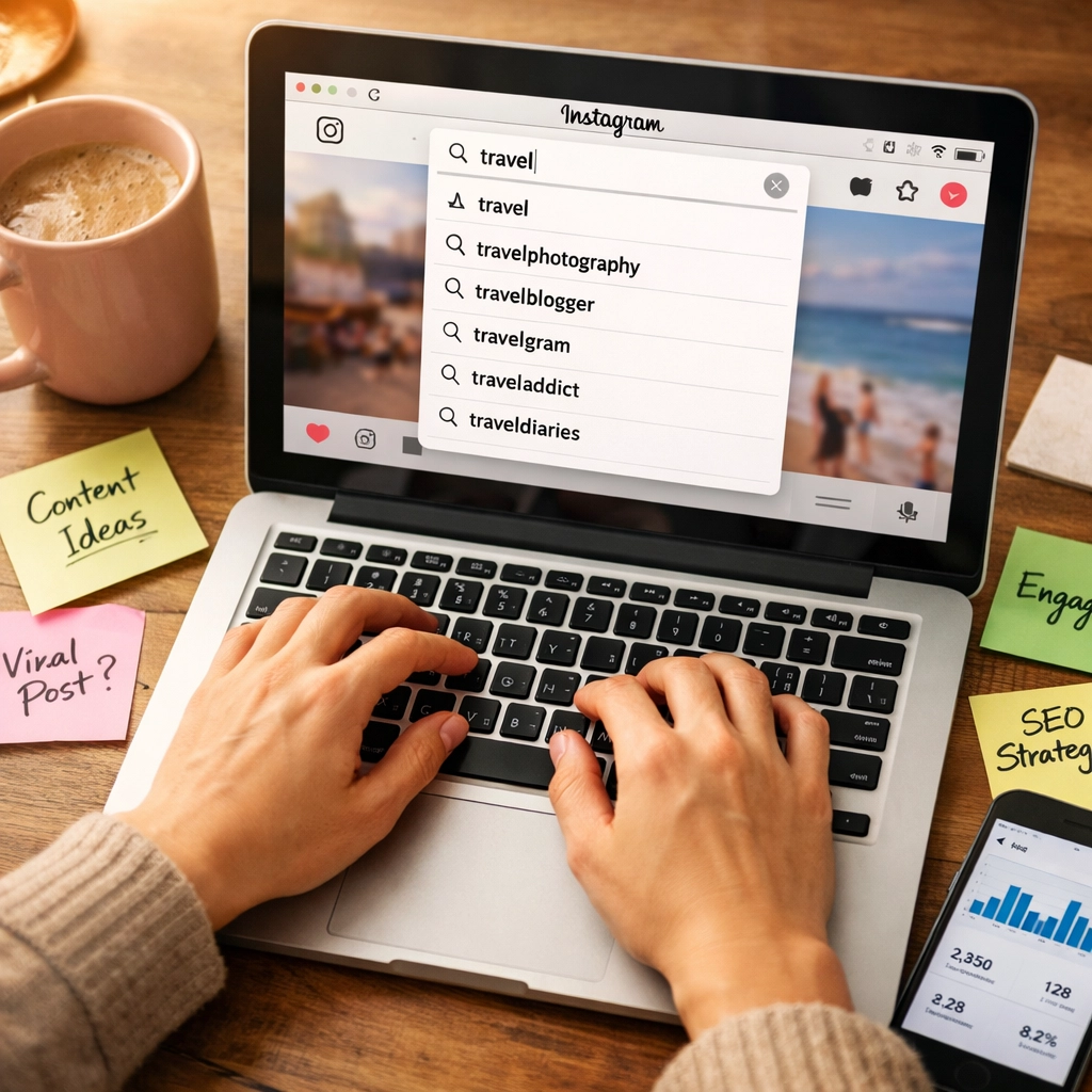 Social media manager planning Instagram SEO strategy with keyword research notes and laptop