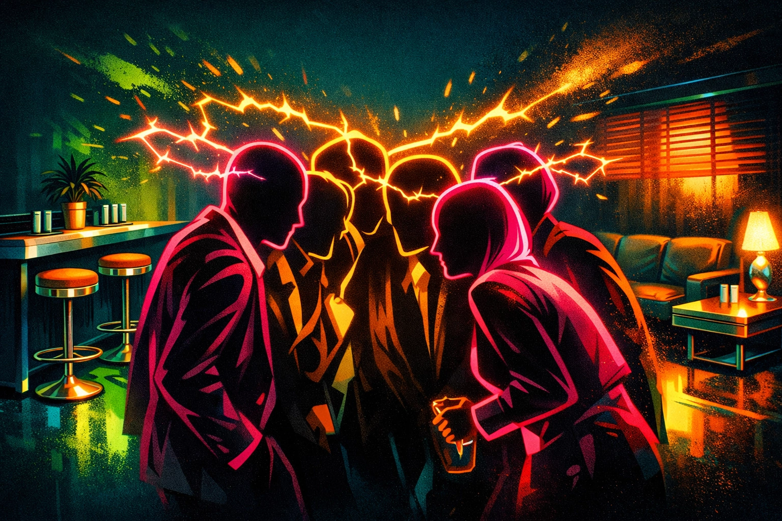 Neon silhouettes huddled together representing the spread of office gossip about workplace relationships.