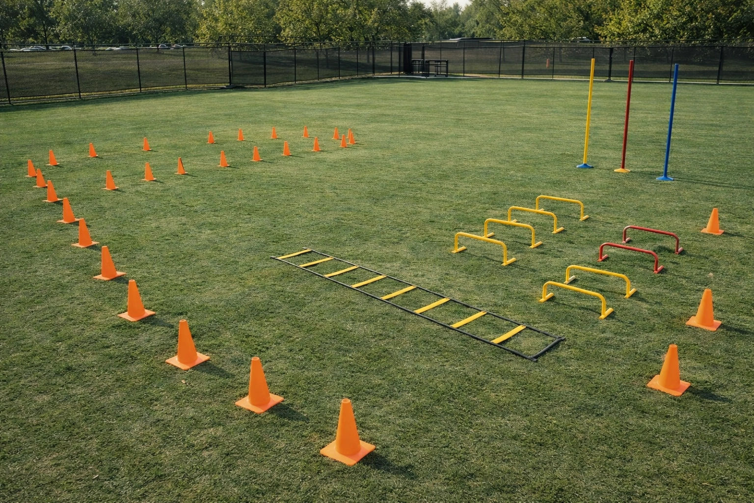 Professional agility circuit layout with cones, ladders, and hurdles arranged for team training