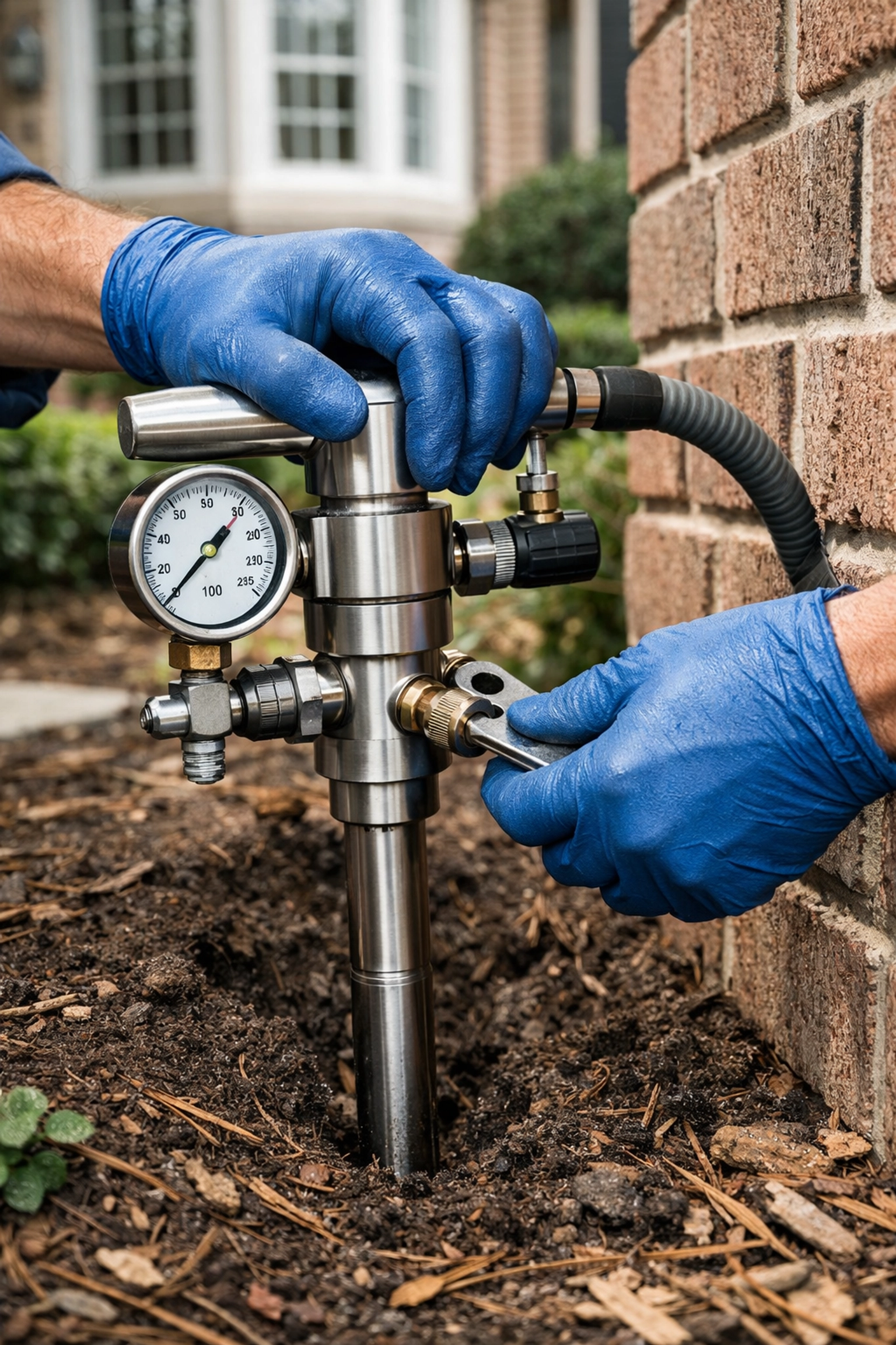 Professional exterminator in Westchester NY applying a specialized soil injection for termite control.