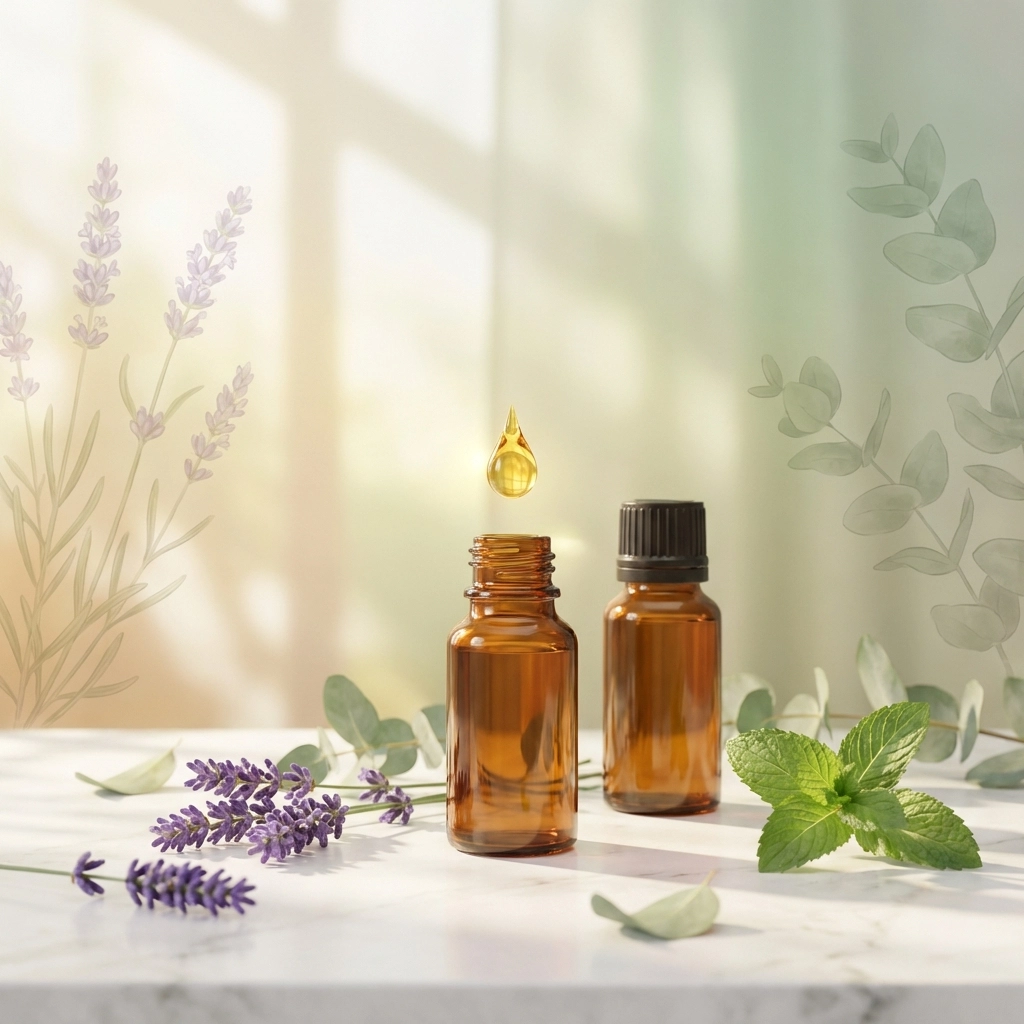 Amber bottles surrounded by lavender, eucalyptus, and peppermint, representing essential oils in holistic alternative medicine.