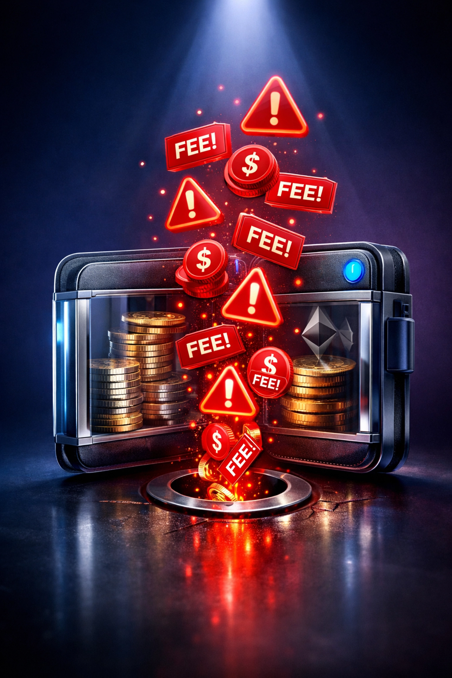 Digital wallet draining cryptocurrency coins as merchant fees and penalties accumulate
