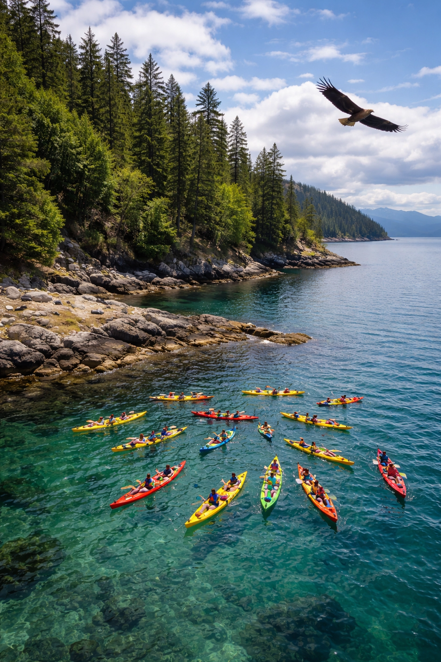Aerial view of student kayakers in Puget Sound near seals and lush conifer forests, Pacific Northwest adventure