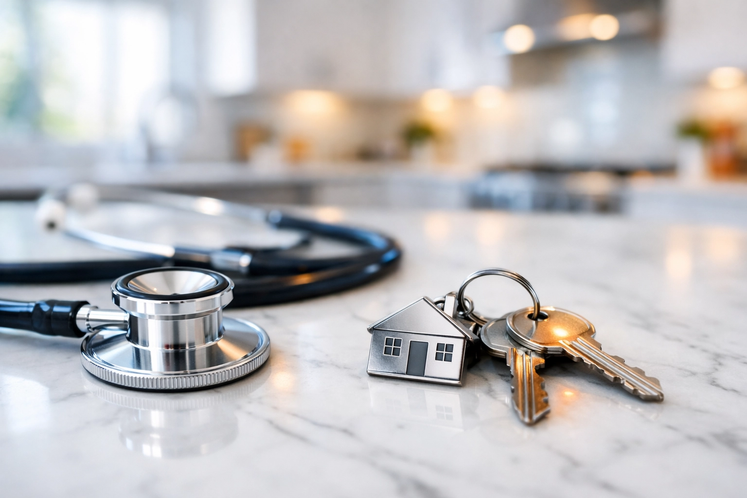 Medical stethoscope and house keys on a marble counter symbolizing physician home ownership.