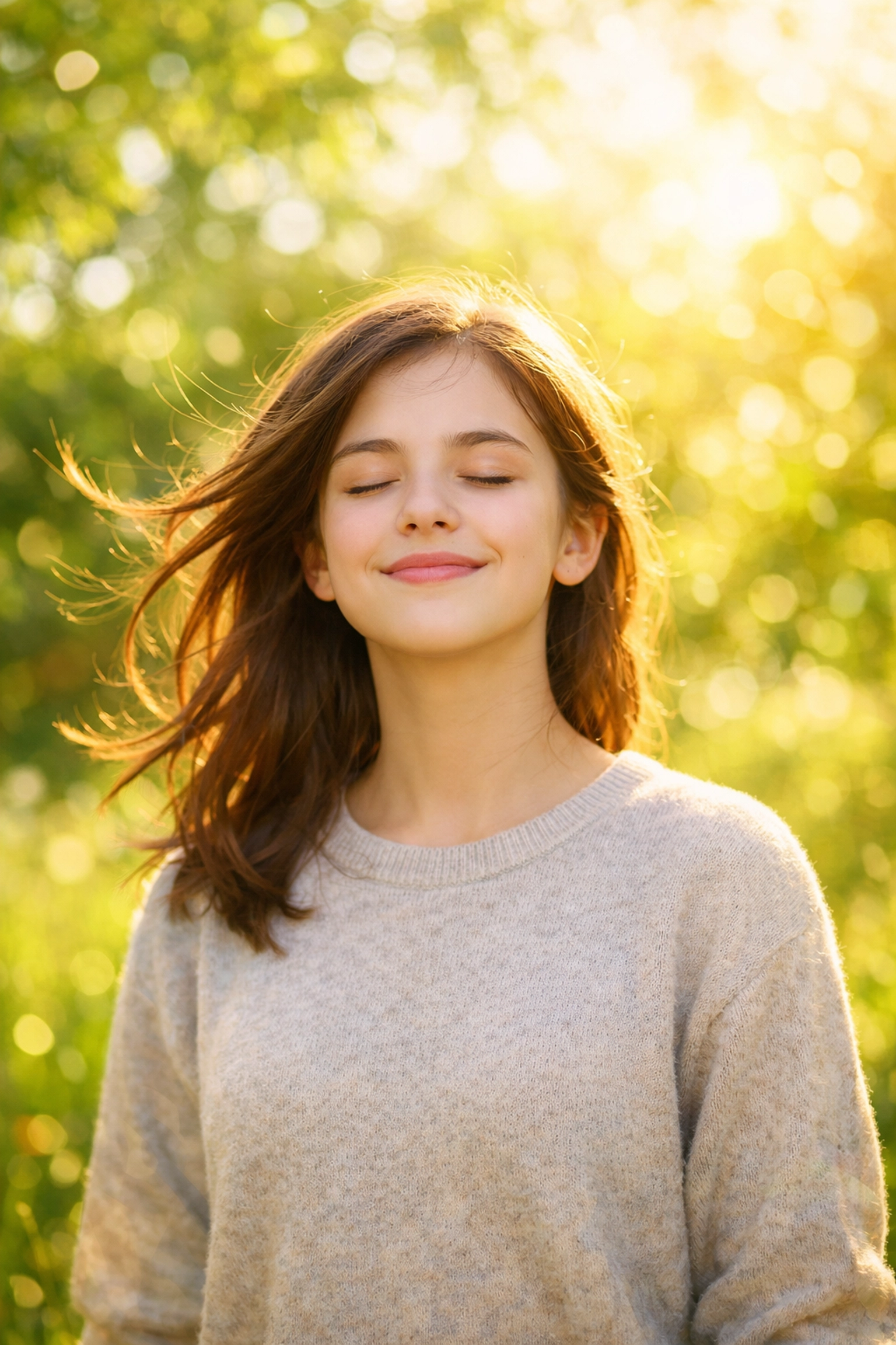 A resilient teen girl smiling in a sunny garden after depression treatment at a residential center.