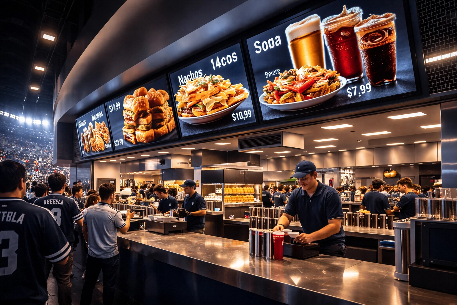 Modern stadium concession stand with digital menu boards showcasing food, boosting sales and fan engagement