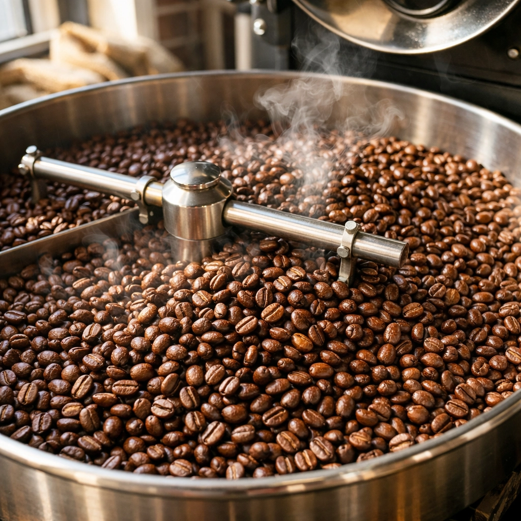 Freshly roasted specialty coffee beans cooling in an artisanal roastery setting.