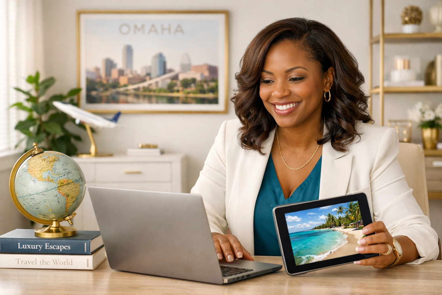 Professional Omaha travel agent planning a luxury vacation for her travel planning service clients.