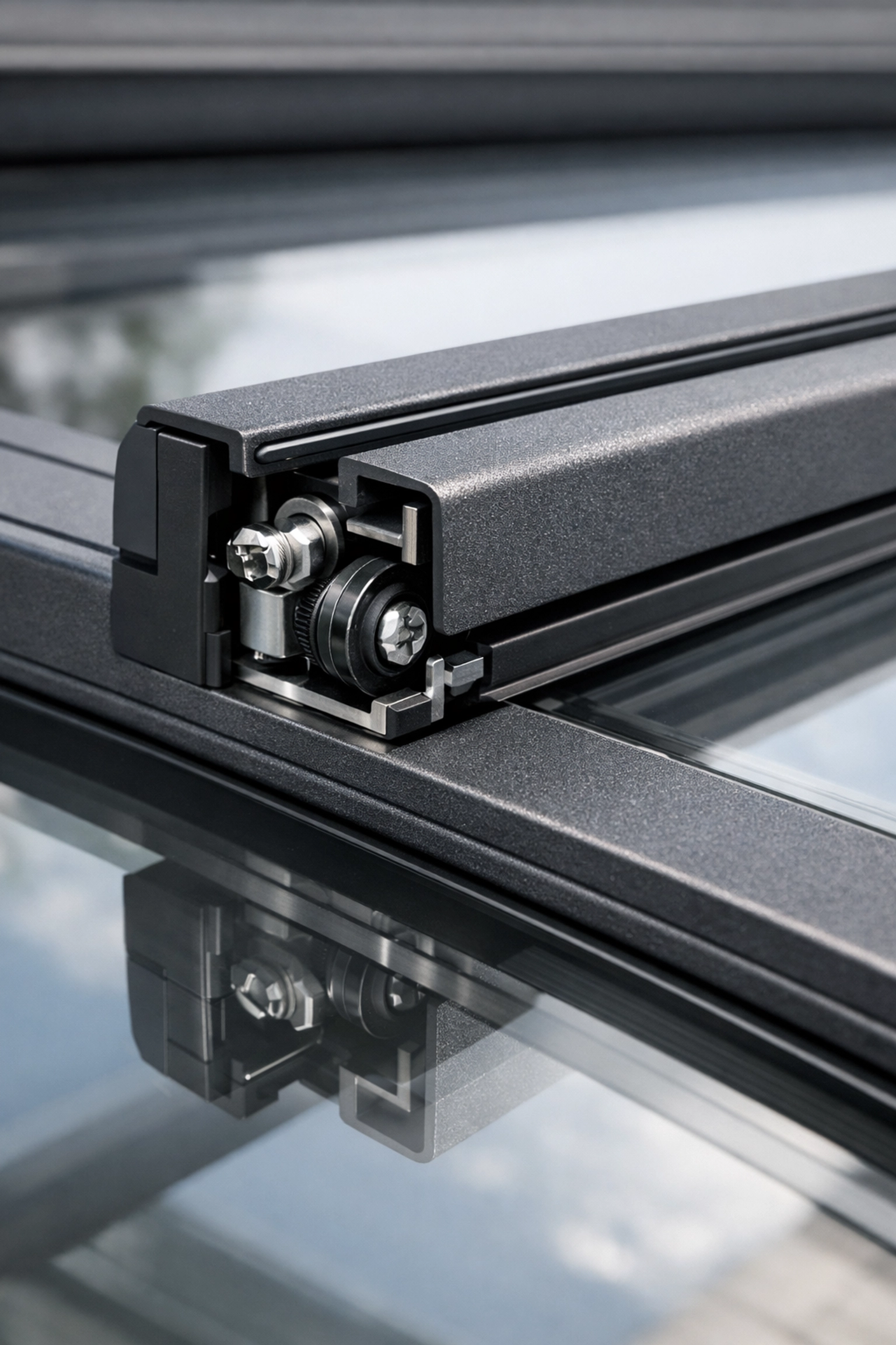 Detailaufnahme der anthrazitfarbenen Führungsschienen einer Aufglasmarkise auf einem Terrassendach.