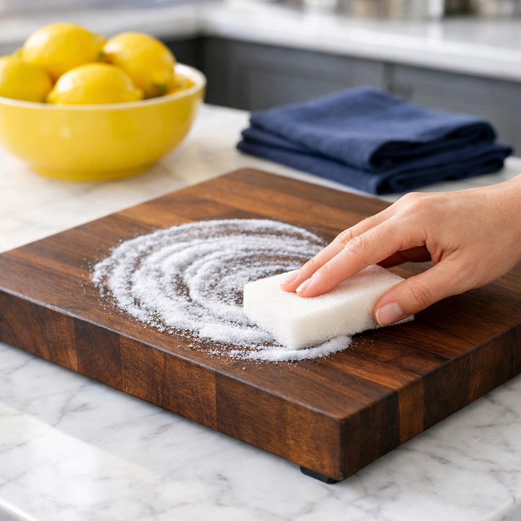 Deep cleaning a wooden cutting board with eco-friendly baking soda paste to remove stains.
