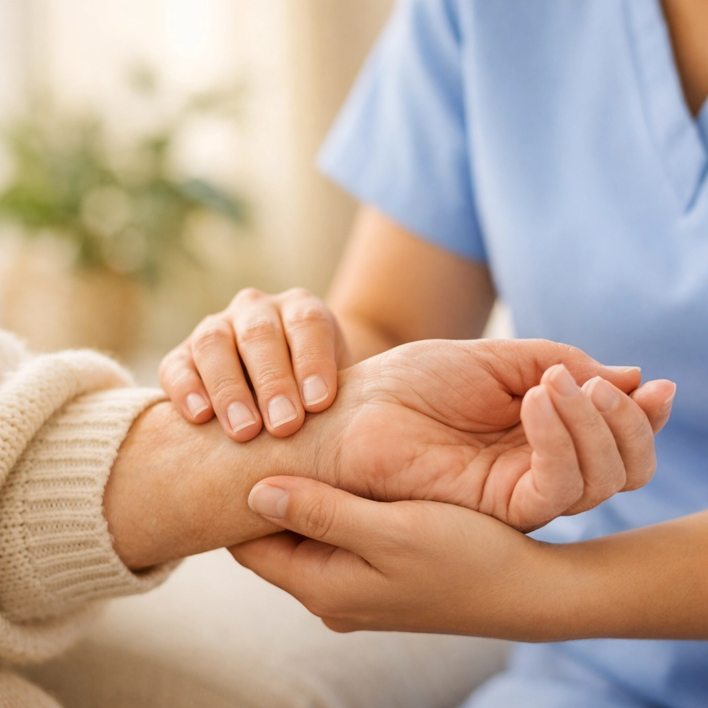 Healthcare assistant checking an elderly person's pulse, demonstrating clinical duties and responsibilities.