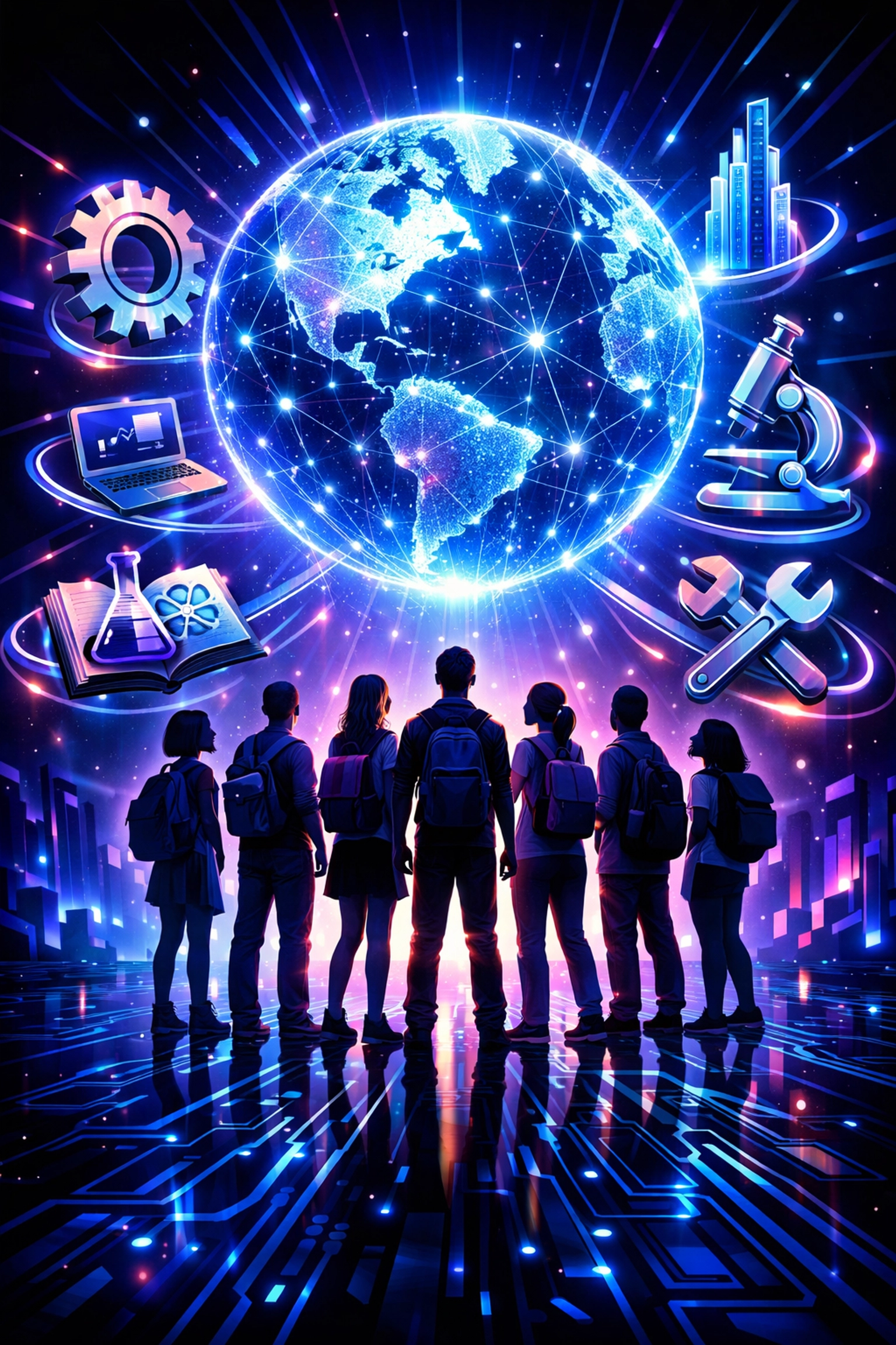 Diverse students exploring global industries with equitable virtual reality training programs.