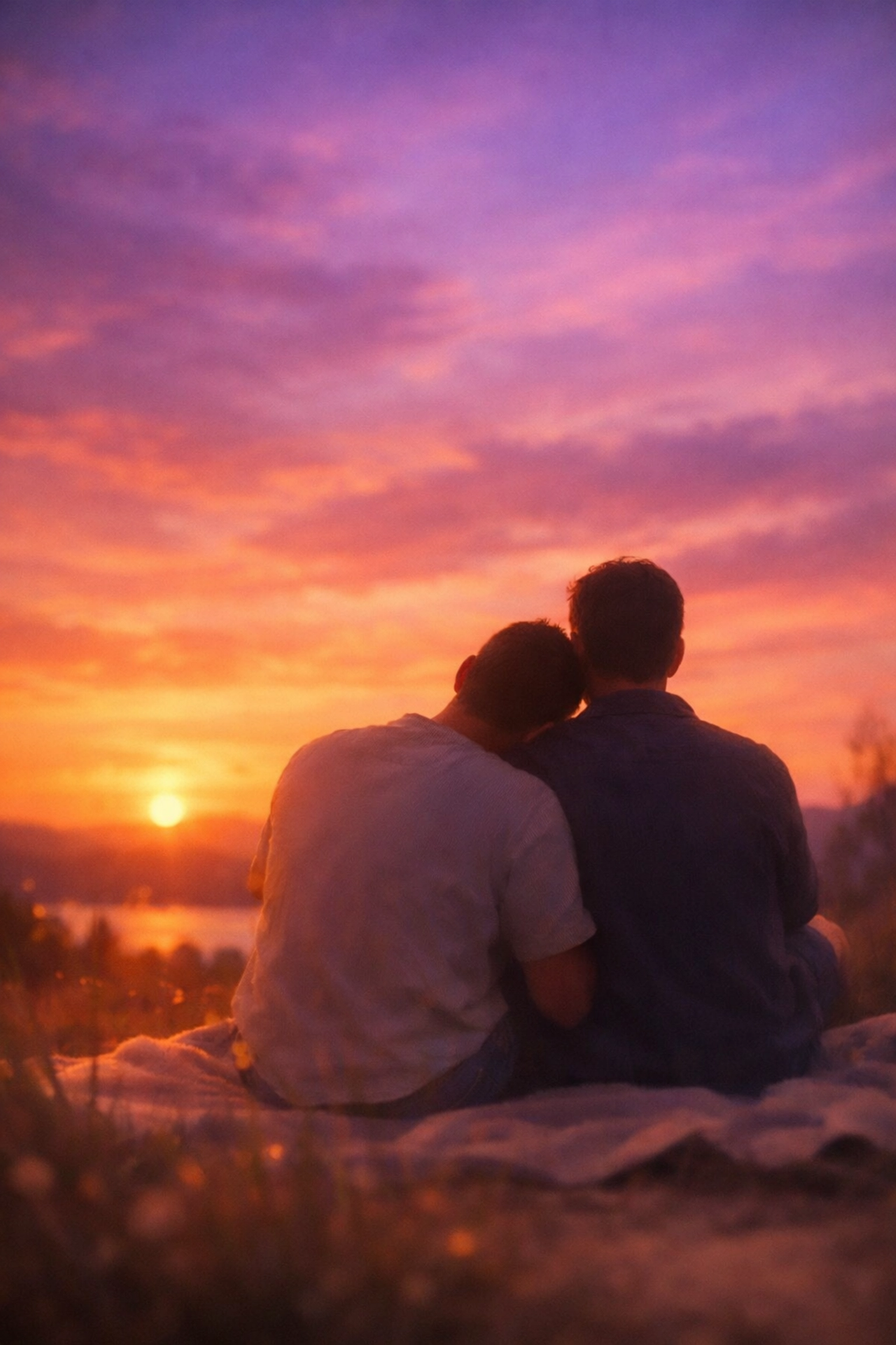 Two men sharing spiritual intimacy at sunset in gay relationship