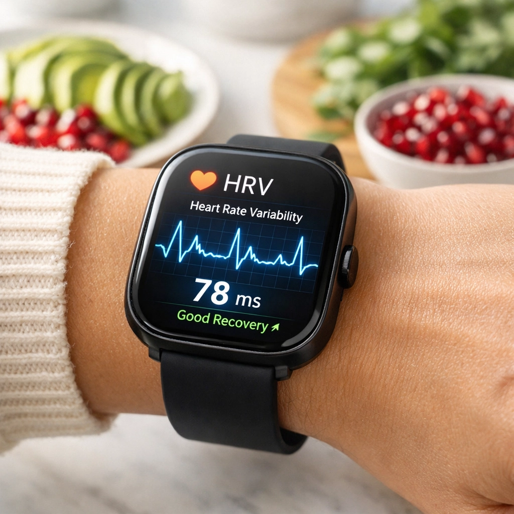 Close-up of a smartwatch displaying health data and HRV monitoring near fresh wellness ingredients.
