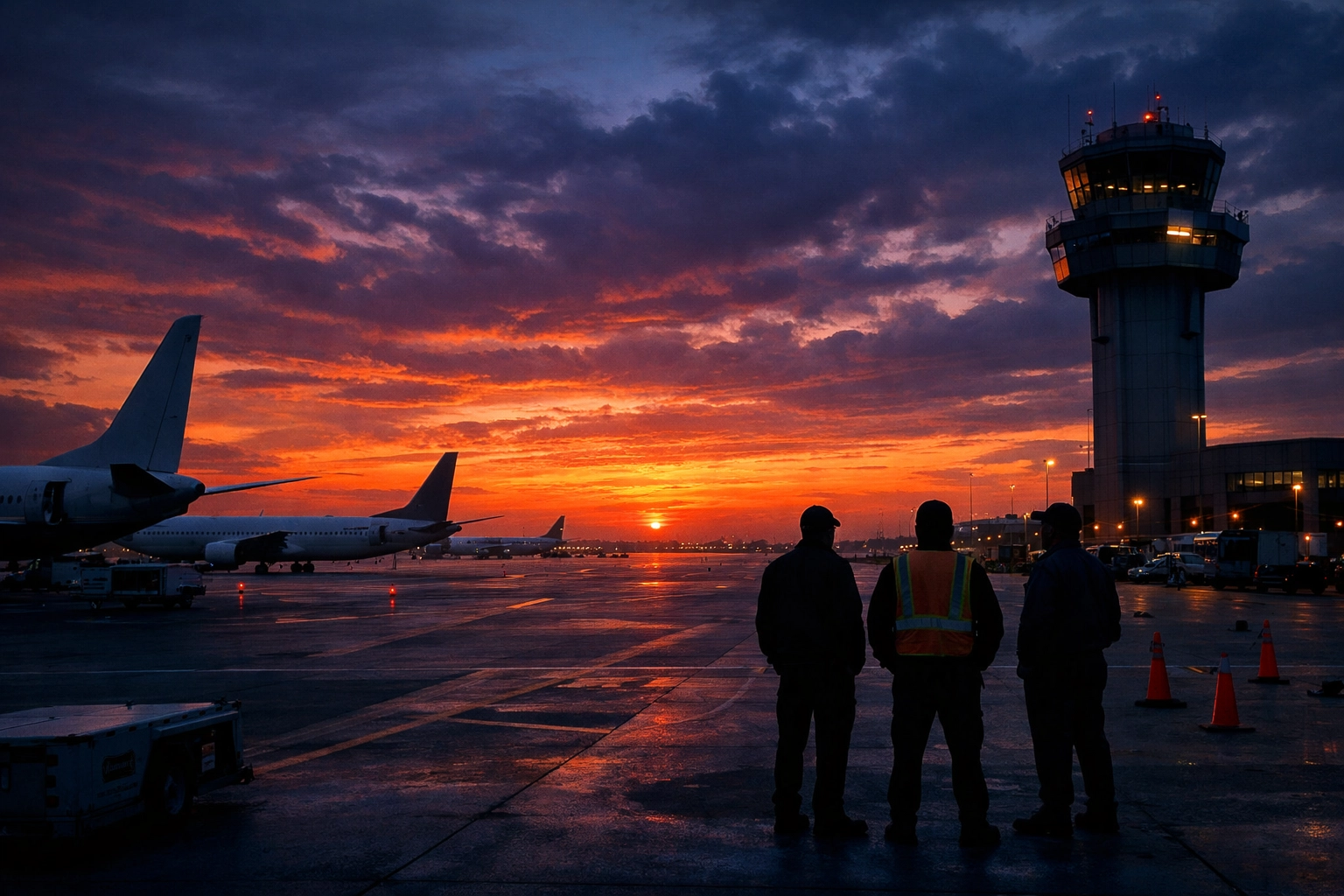 Empty airport tarmac with grounded planes during flight restrictions