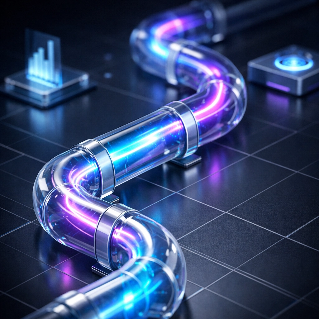 Glowing pulses of light moving through a digital pipeline showing an automated AI lead generation funnel.