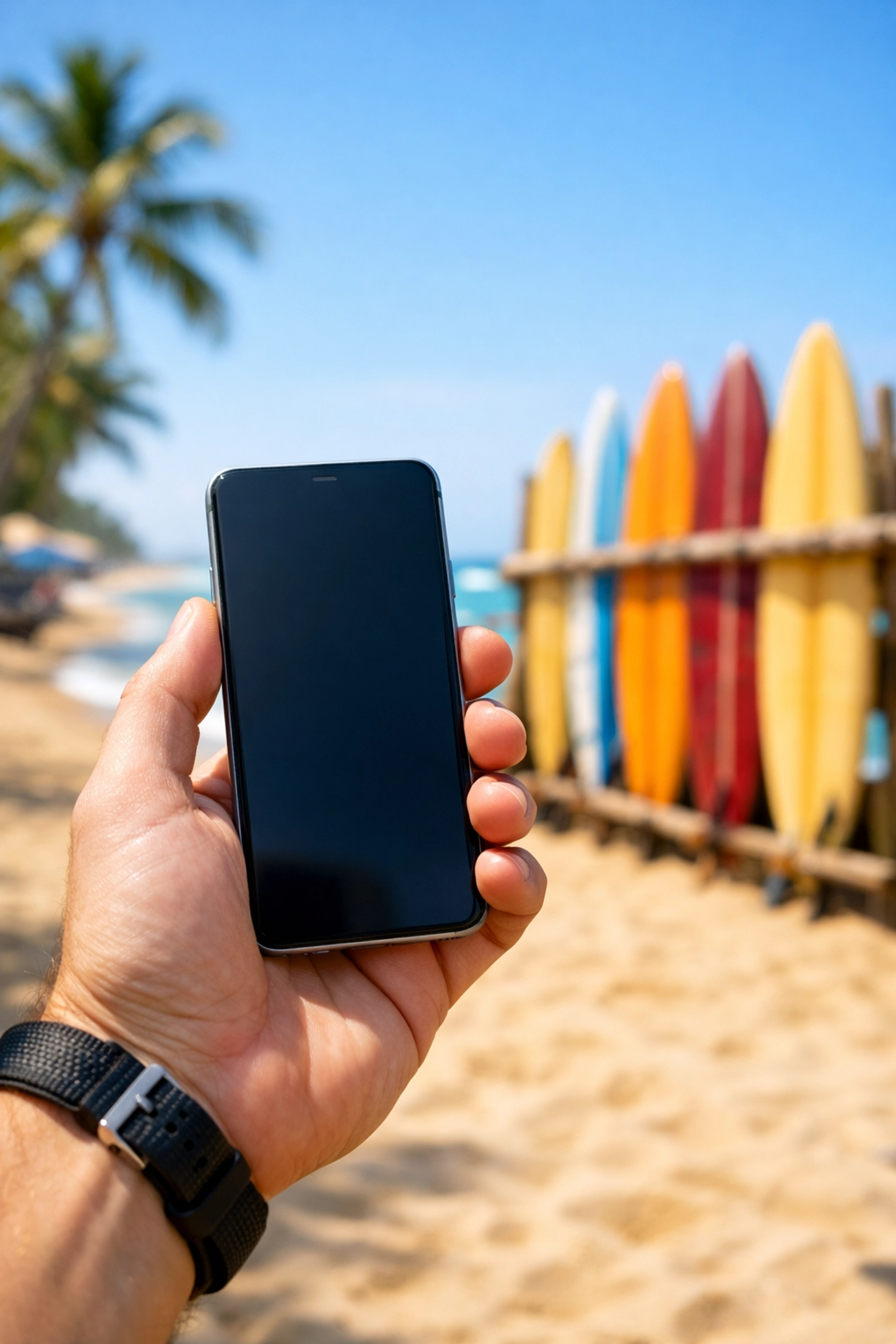 Traveler using a phone to book a LIR to Tamarindo shuttle with a tropical beach in the background.