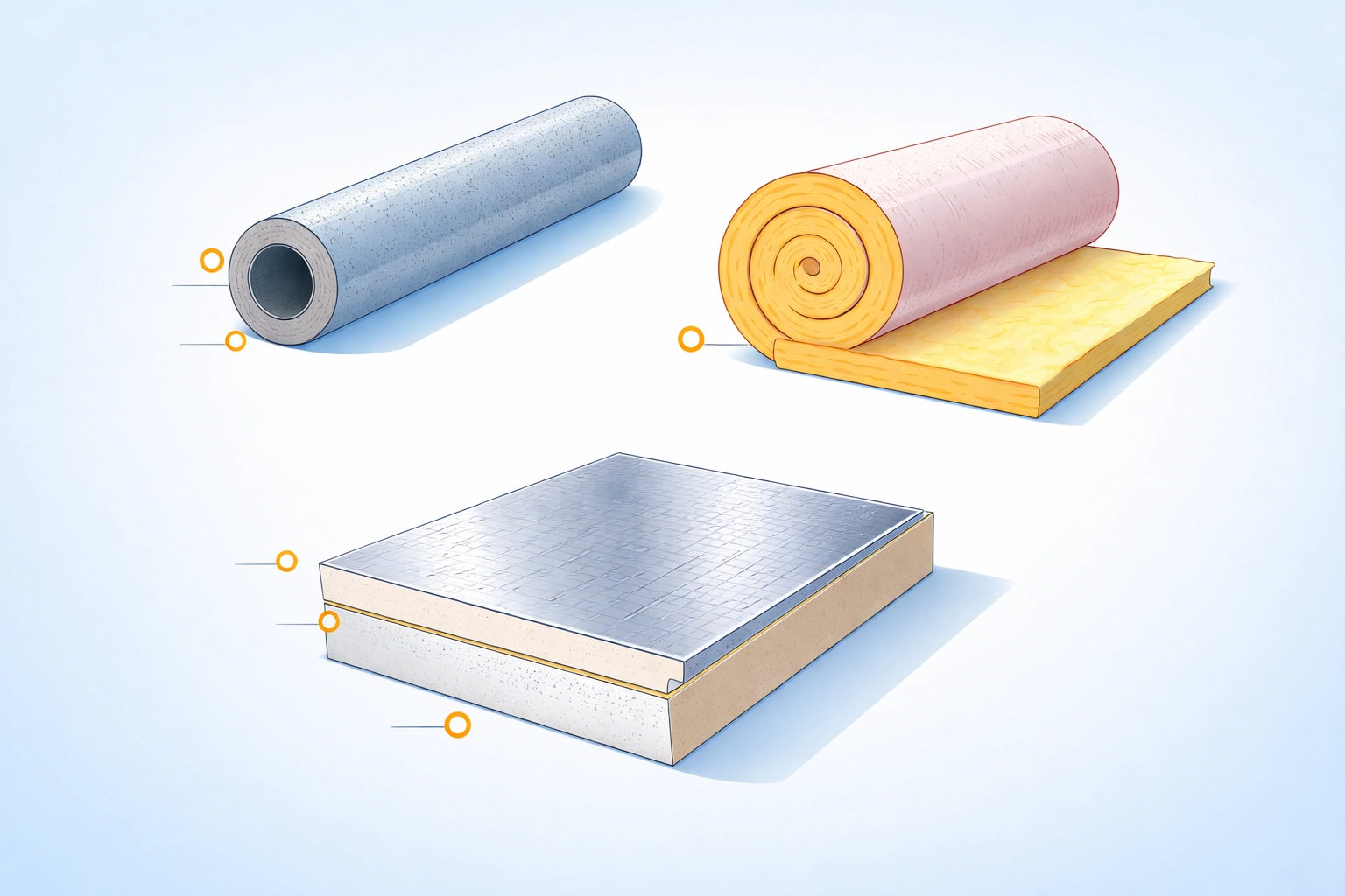 Comparison of insulation materials for pipes and tanks including foam lagging, fiberglass, and foil-faced panels