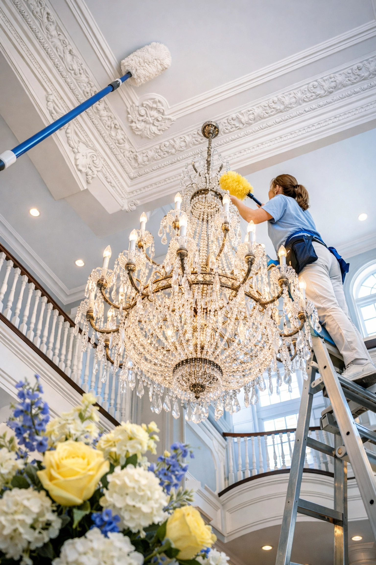 Top-down luxury house cleaning in Sudbury focusing on high-ceiling crystal chandeliers and intricate crown molding.