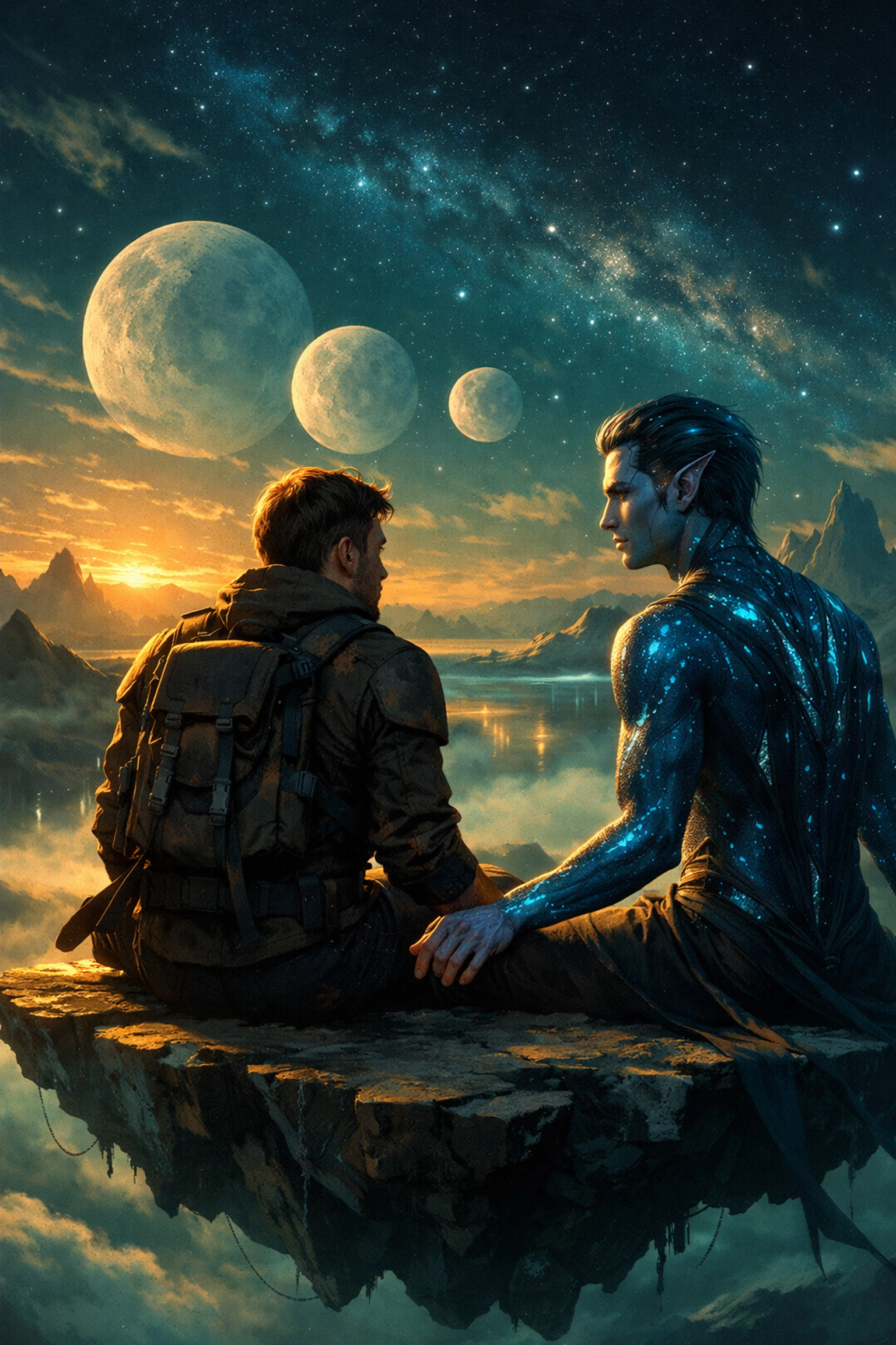 A human and a bioluminescent alien man share a romantic moment on a distant planet in a queer fiction story.