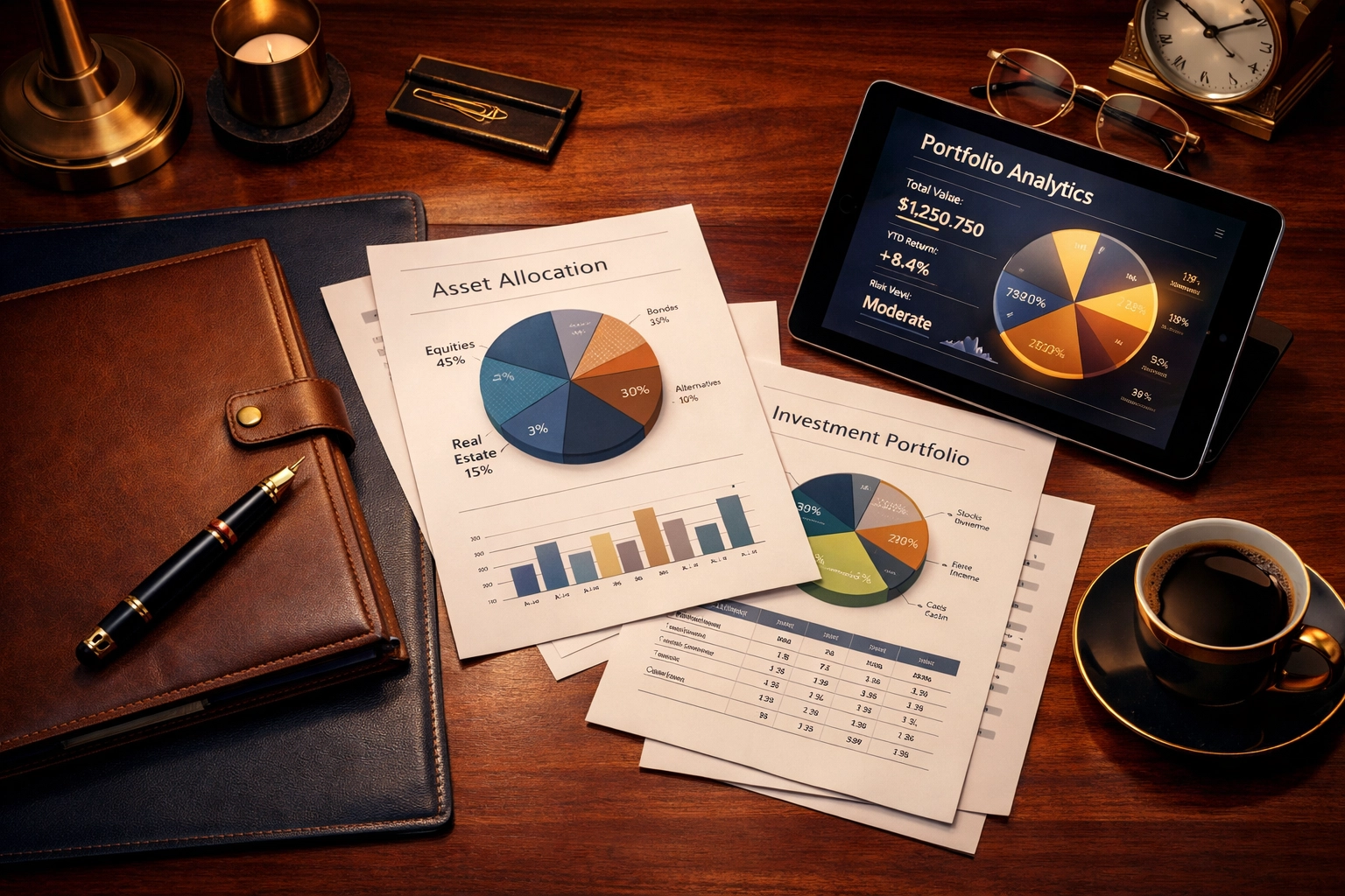 Investment strategy planning desk with portfolio allocation charts and financial documents
