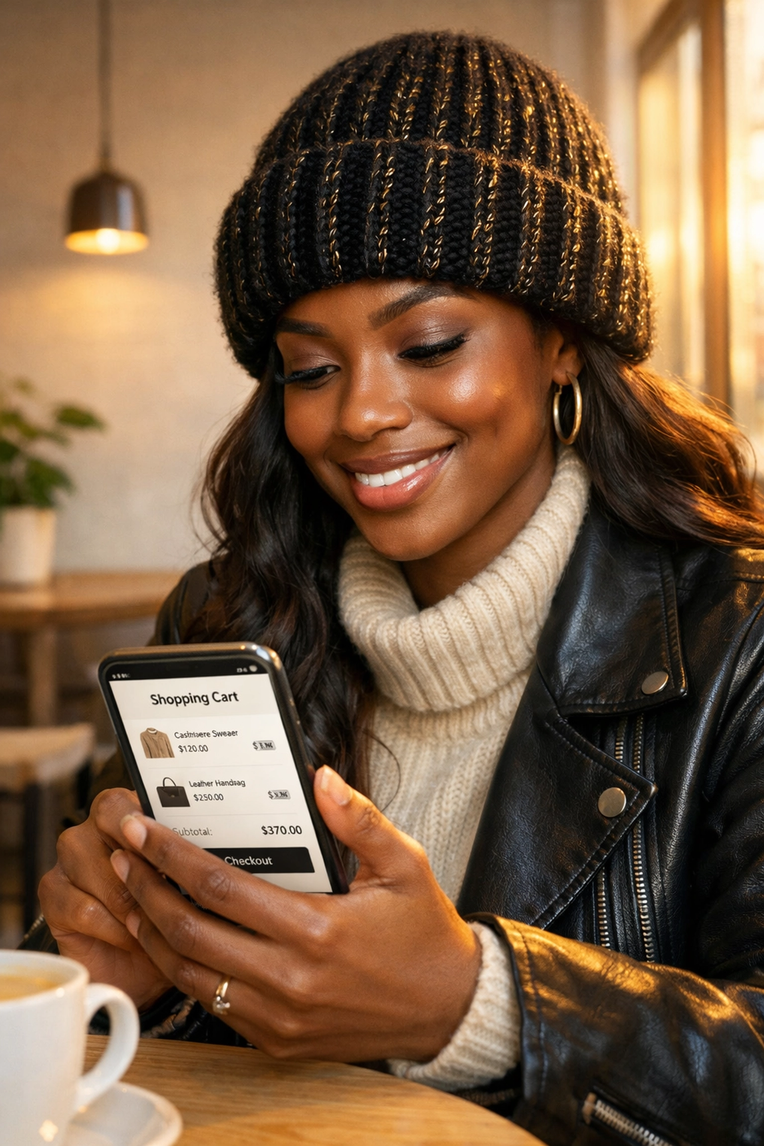 Empowered woman shopping for Black-owned accessories and beanies with intent on her smartphone.